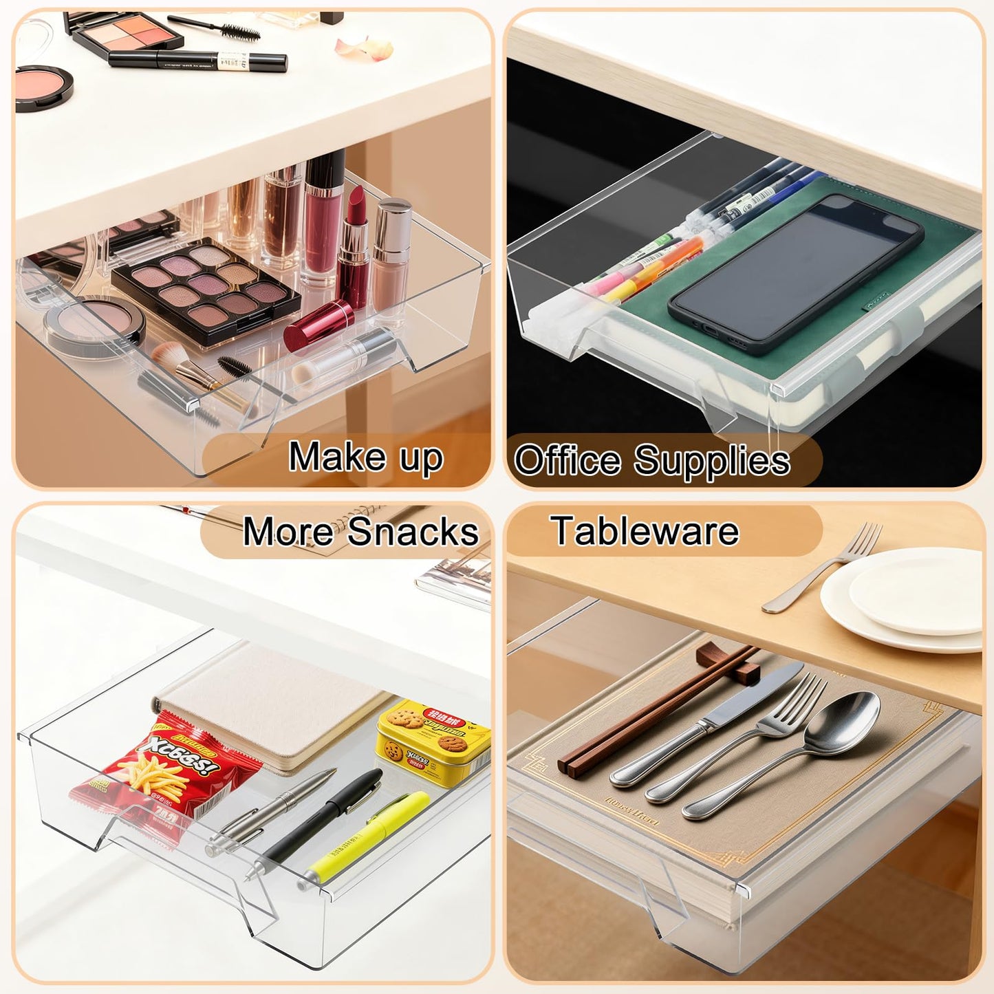 2 Pair Super Capacity 11.85 "x 8.9" Under Desk Drawer Hidden Strorage Drawer Self-Adhesive Slide Out with Smooth Gliding Motion - Attachable & Space-Saving Under Desk Organizer with Screw Kit, Clear