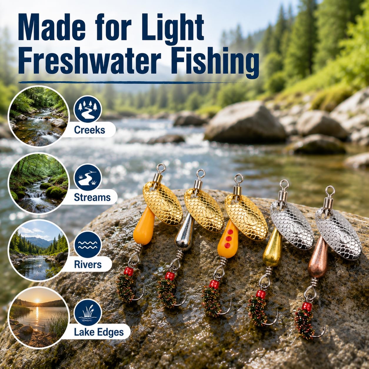 Zylaxio Trout Spinners, 5PCS Spinner Fly Fishing Lures, 1.96in Brass Inline Spinner Lures, 0.09oz Set for Trout Bass Salmon Pike, Creek Stream River Fishing