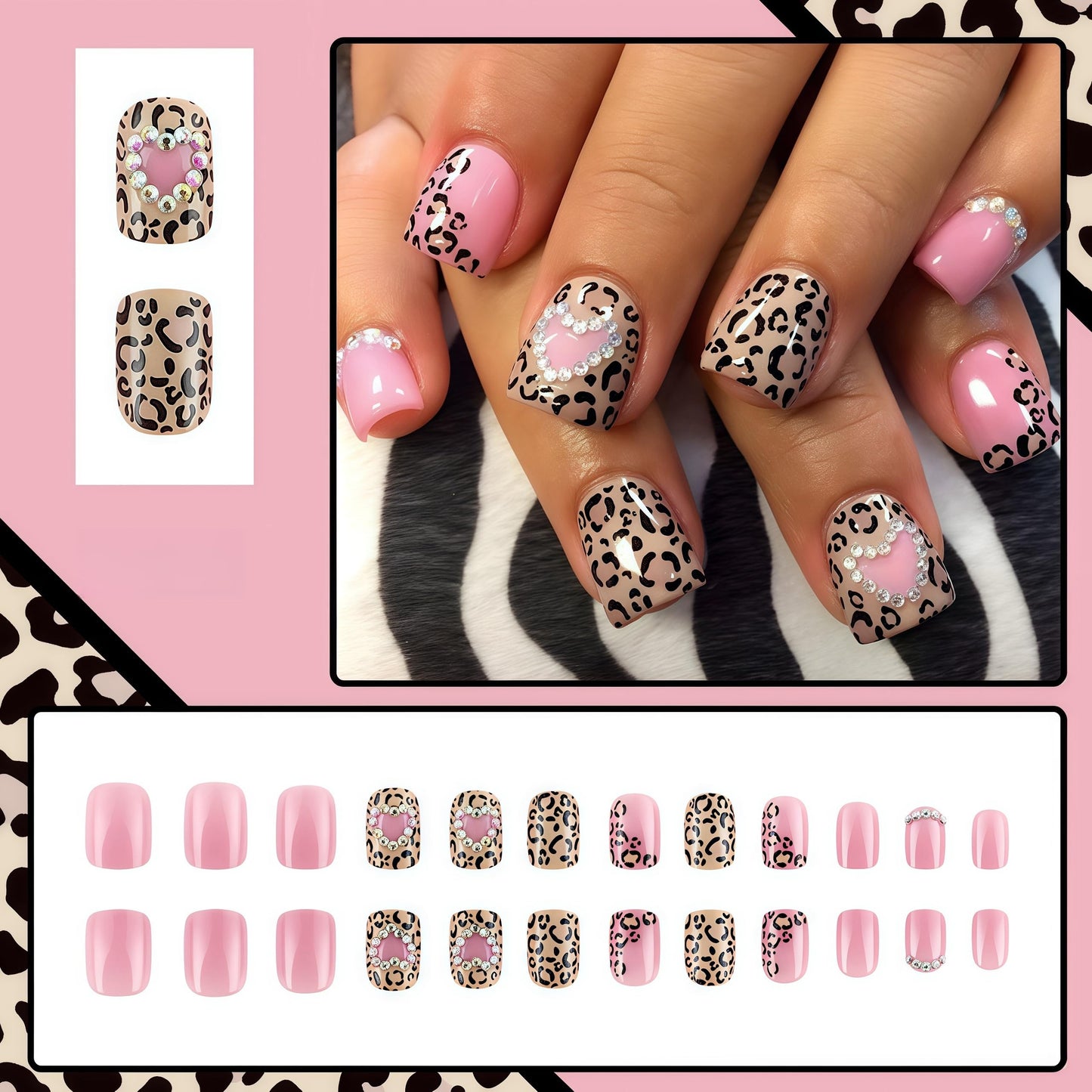 Leopard Print Press on Nails Short Square Fake Nails Heart Rhinestone Design Glossy Stick on Nails Reusable Acrylic Nails Artificial Nails False Nails Full Cover Glue on Nails for Women Girls 24 Pcs