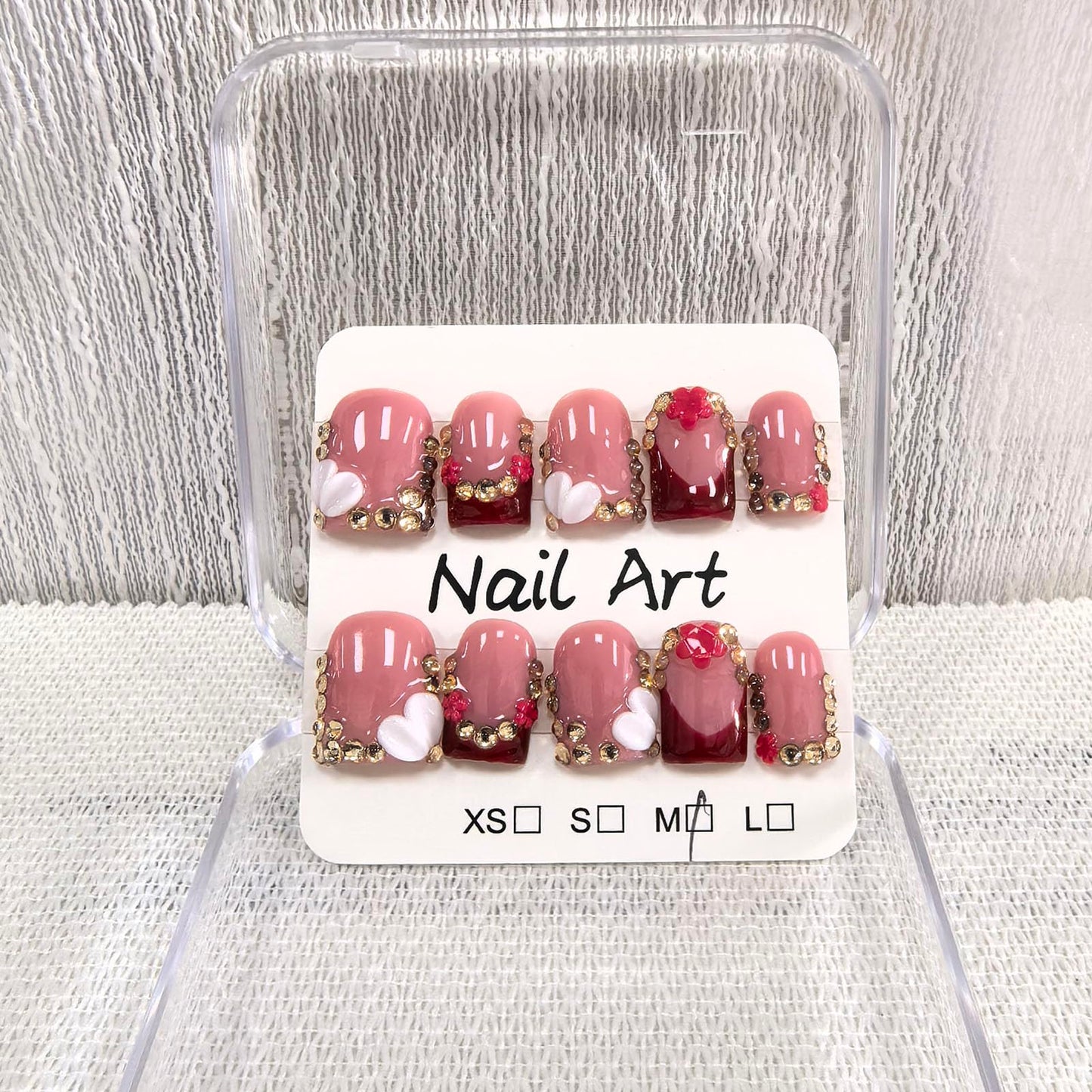 Handmade Press on Nails Square Short Fake Nails French Tip Red with 3D Flower Designs Rhinestones luxury Glossy Cute Acrylic Nails for Women 10pcs (Size M）