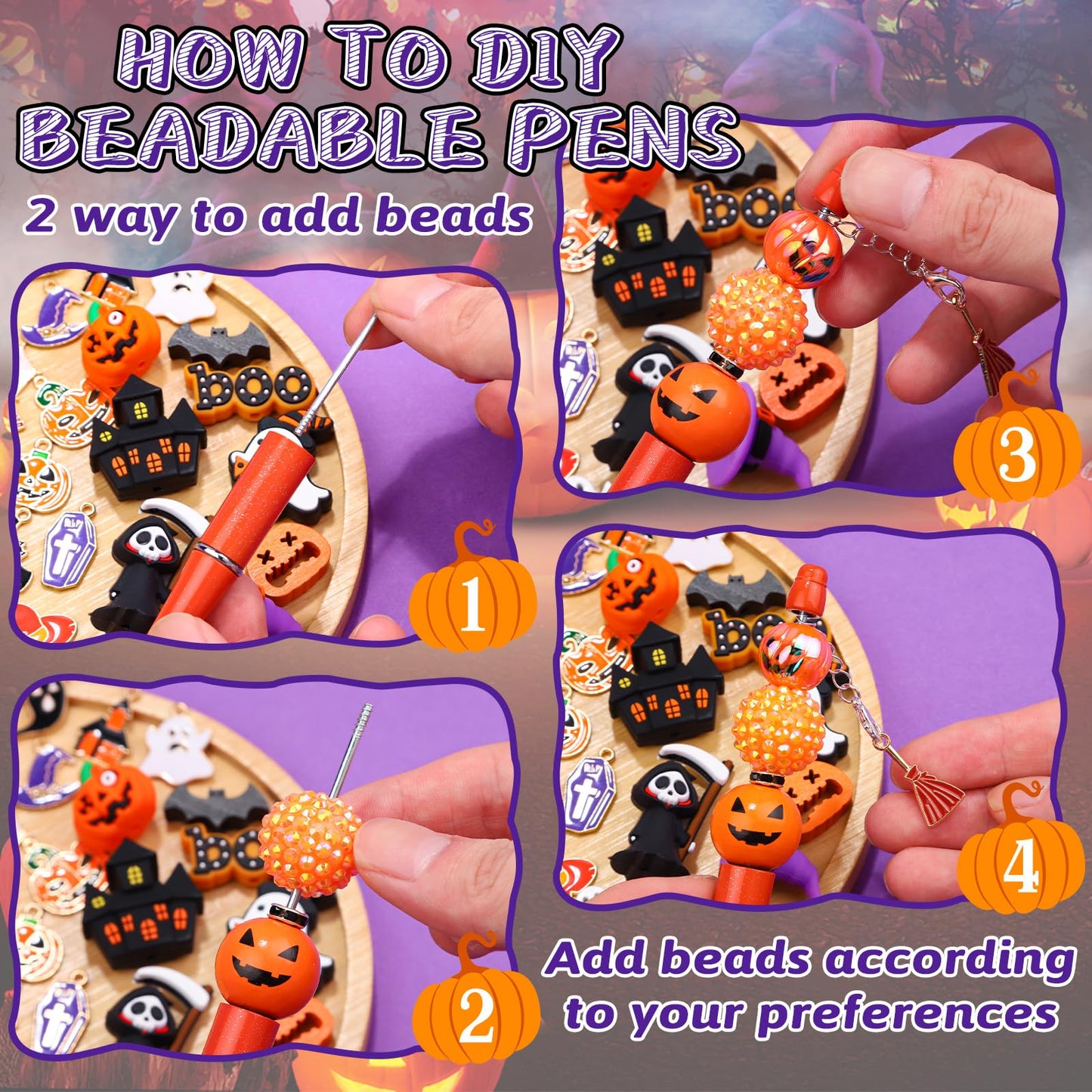 12 Sets Halloween Beadable Pens DIY Pen Making Kit with Bubblegum Beads Silicone Focal Beads - Craft Beads Charms Ballpoint Pens for Halloween