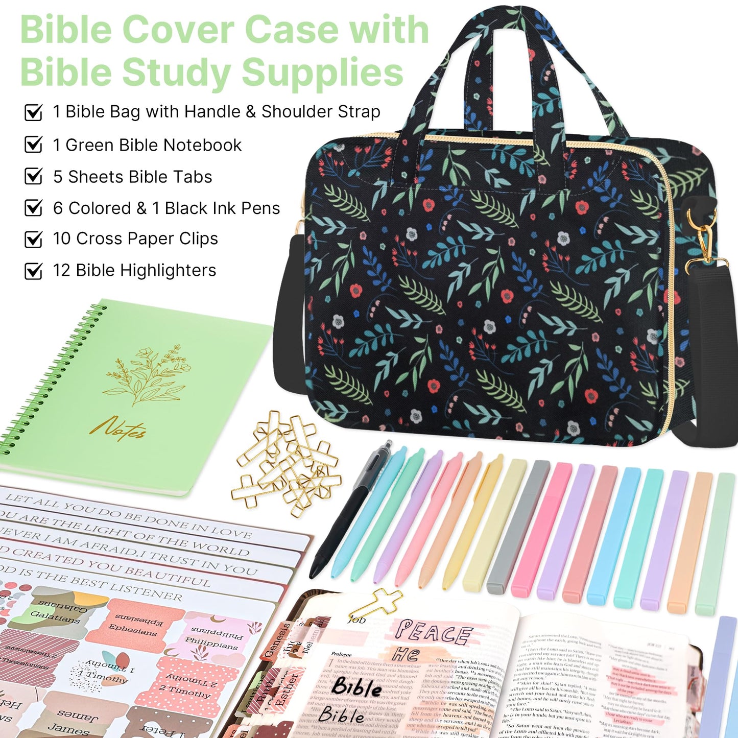 PUGPIU Bible Cover Case for Women, Large Quilted Bible Bag with Shoulder Strap and Handle, Bible Study Supplies Journaling Kit with Highlighters Pens No Bleed Tabs Notebook Cross Clips (Leaf)