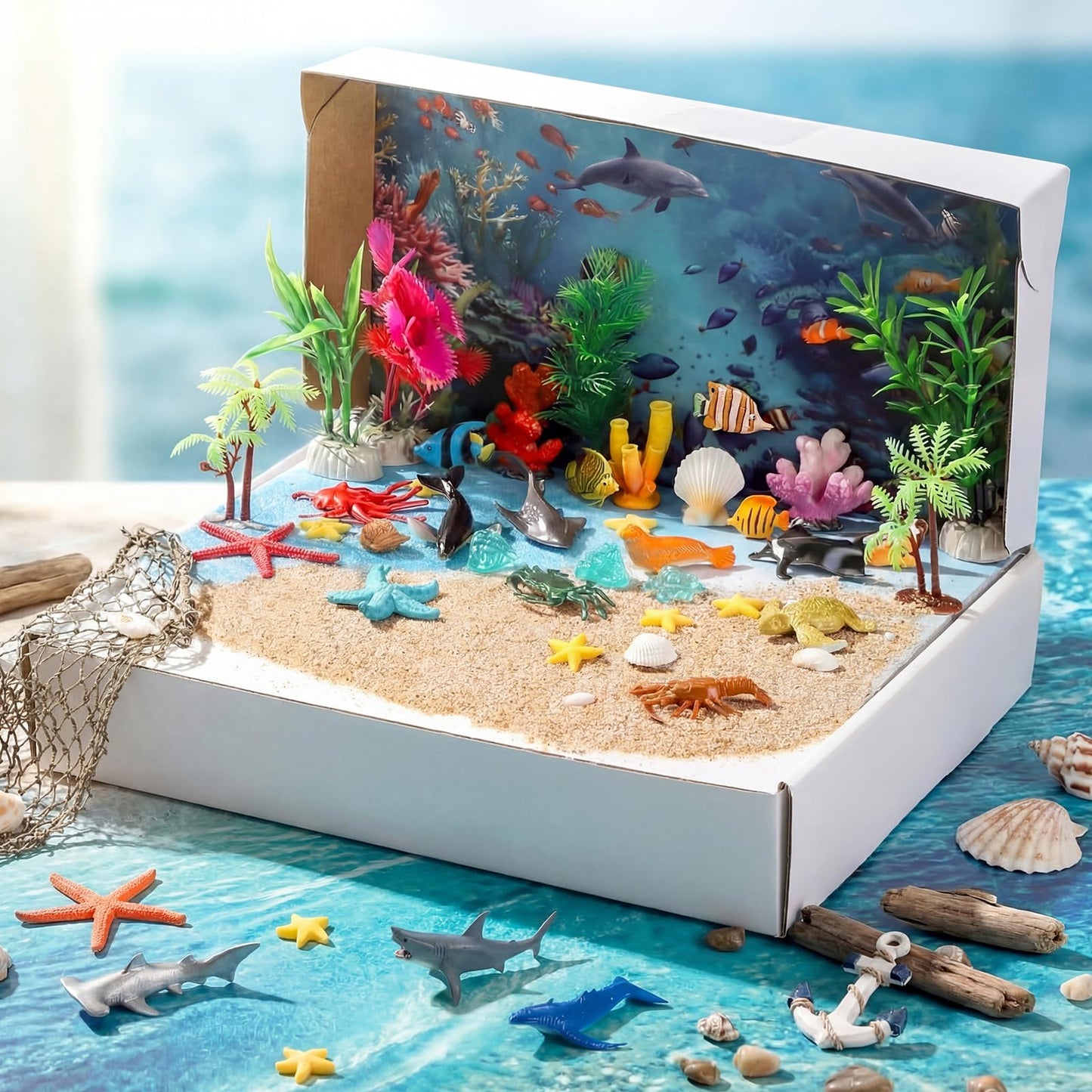 Teyva Daily 60 Pcs Ocean Diorama Kit Habitat Project Box Set 3D Ocean Diorama Supplies Include Under The Sea Animals Figures Artificial Coral Seagrass with Cardboard for DIY Crafts Gifts
