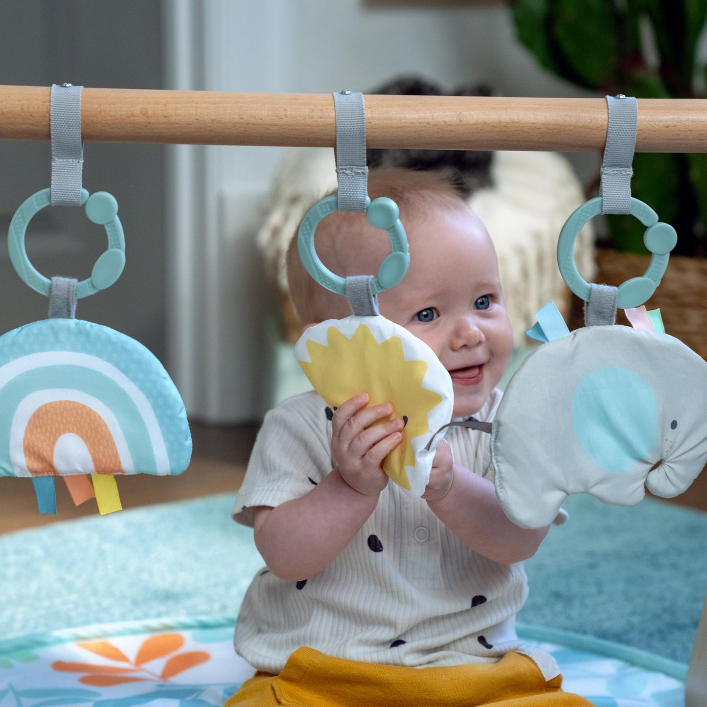 Ingenuity Sun Valley Wooden Baby Play Mat, Foldable A-Frame Bar, Machine-Washable Mat, Unisex, for Ages 0-36 Months