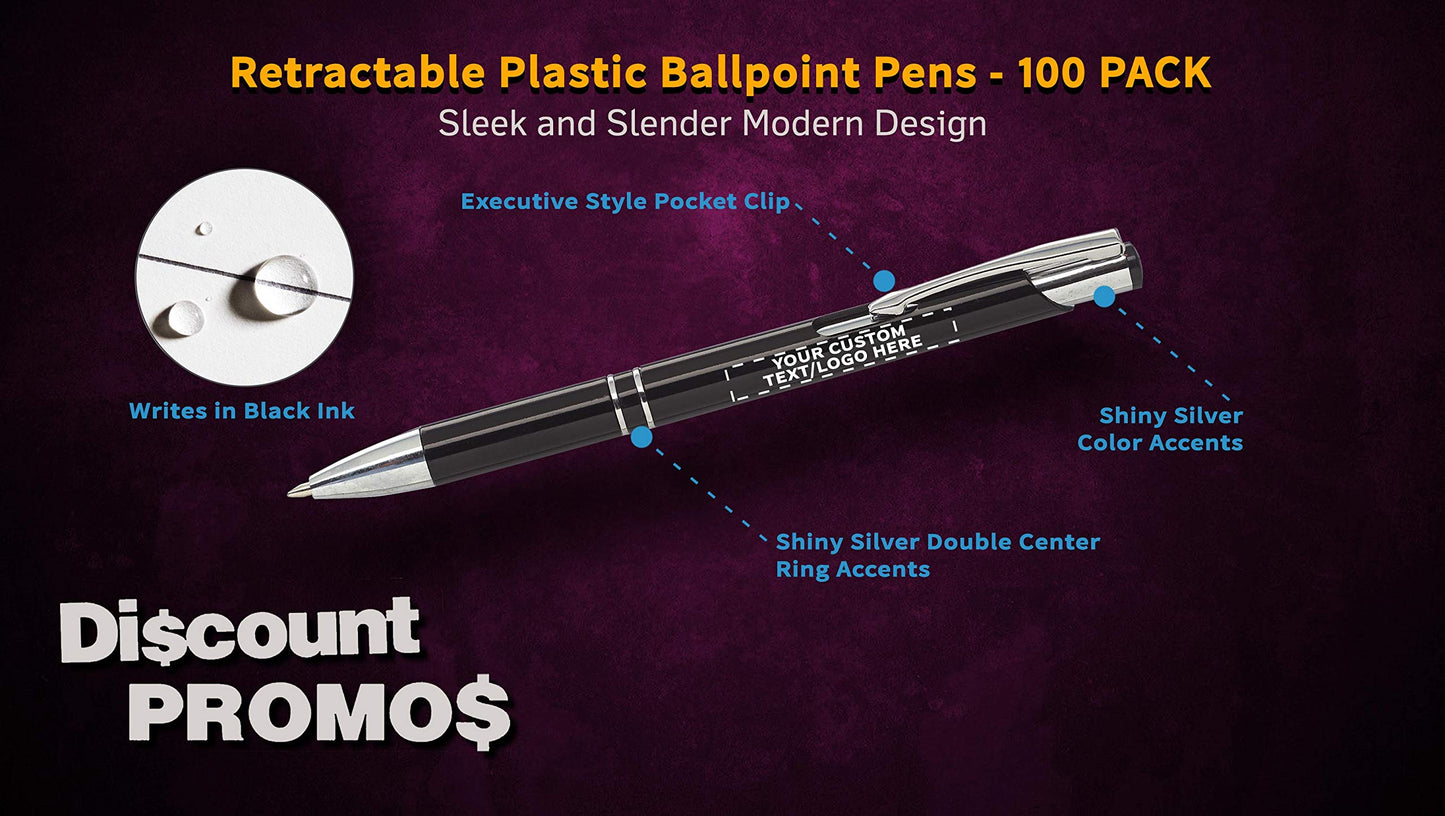 DISCOUNT PROMOS Personalized Retractable Plastic Ballpoint Pens - 100 pack - Plastic Pens - Customizable Text, Logo - Black