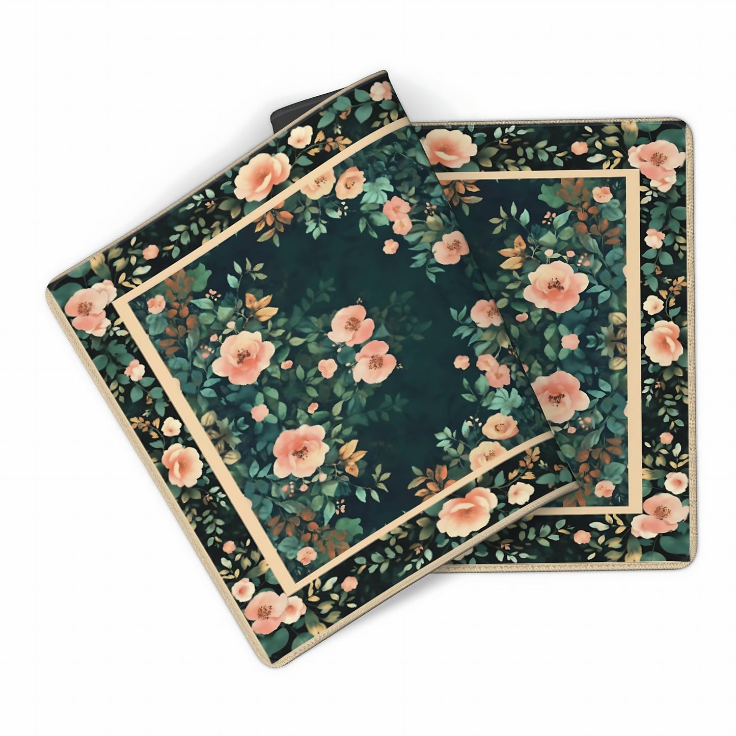 Floral Aesthetic Rose Gaming Mouse Pad, Forest Green Rug Desk Mat with Anti-Slip Base & Stitched Edges,35.4" x 15.7" in Table Mat for Computer Desktop, Beautiful Workstation Decor