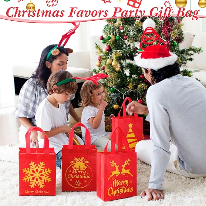 Wesnoy 48 Pcs Christmas Gift Bags Bulk 10 x 8 x 4 Inch Red Gold Goodies Bags Reusable Non Woven Christmas Party Favors Candy Treat Totes with Handles for Holiday Gift Birthday Party Supplies