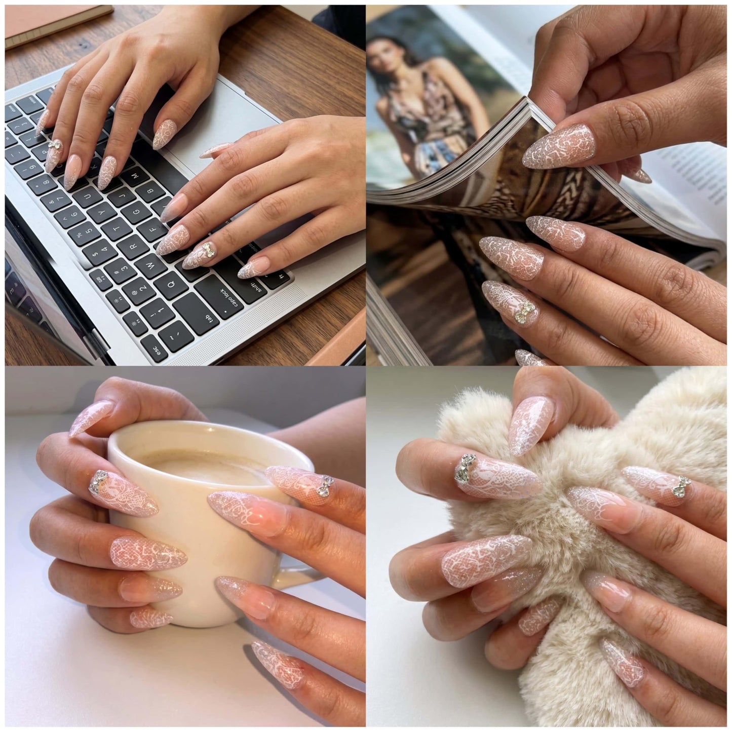 Almond Press on Nails Medium White Fake Nails Lace Print Designs with 3D Rhinestones Bowknot Glue On Nails Cute Acrylic Press on Tips Full Cover Stick on Nail Reusable Manicure for Women 24 Pcs