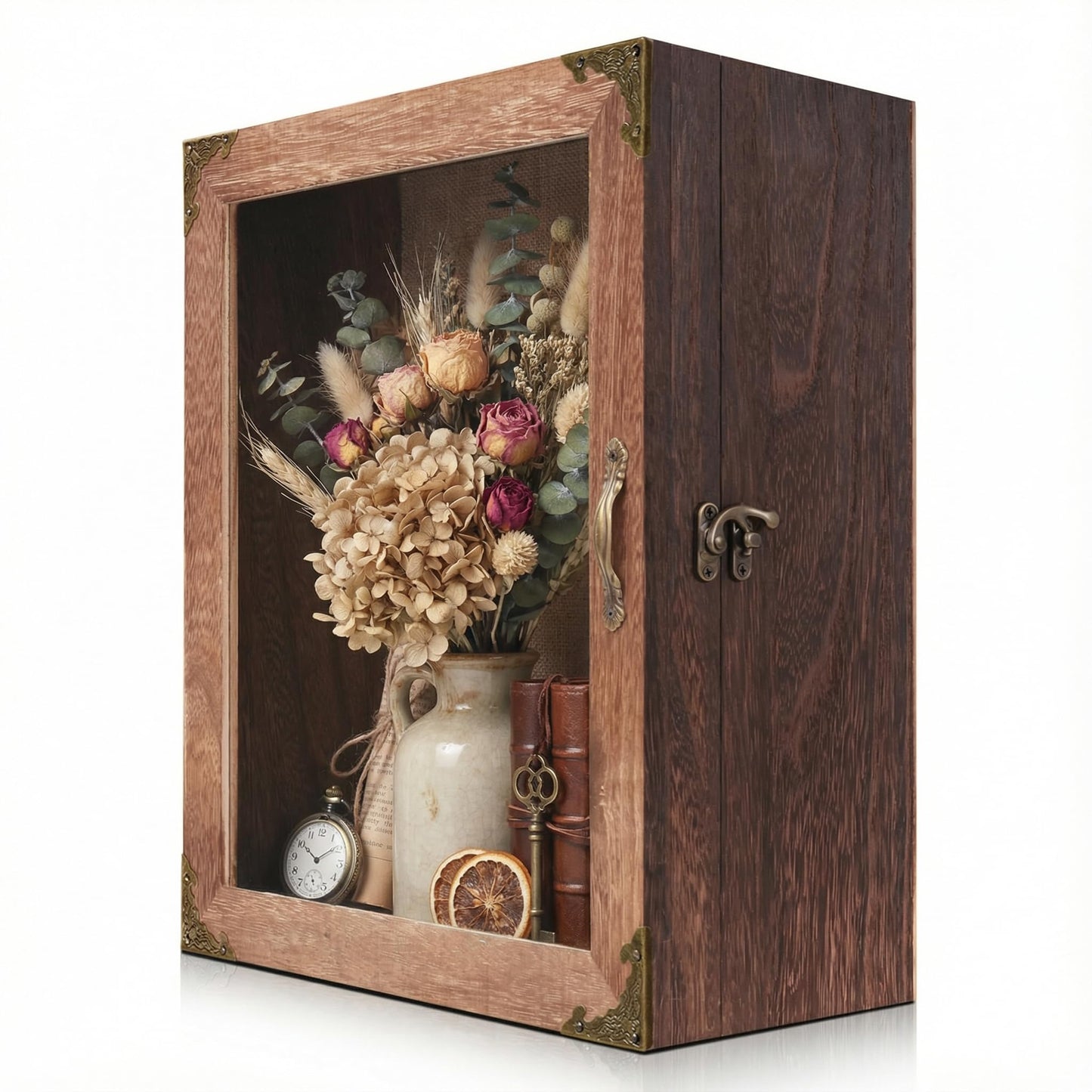 KAASTHAA Shadow Box Frame 11x13, Depth 5in Shadow Boxes Display Cases, Rustic Burnt Wood, Vintage Metal Accents, Acrylic Door, Metal Handle and Latch, Linen Back