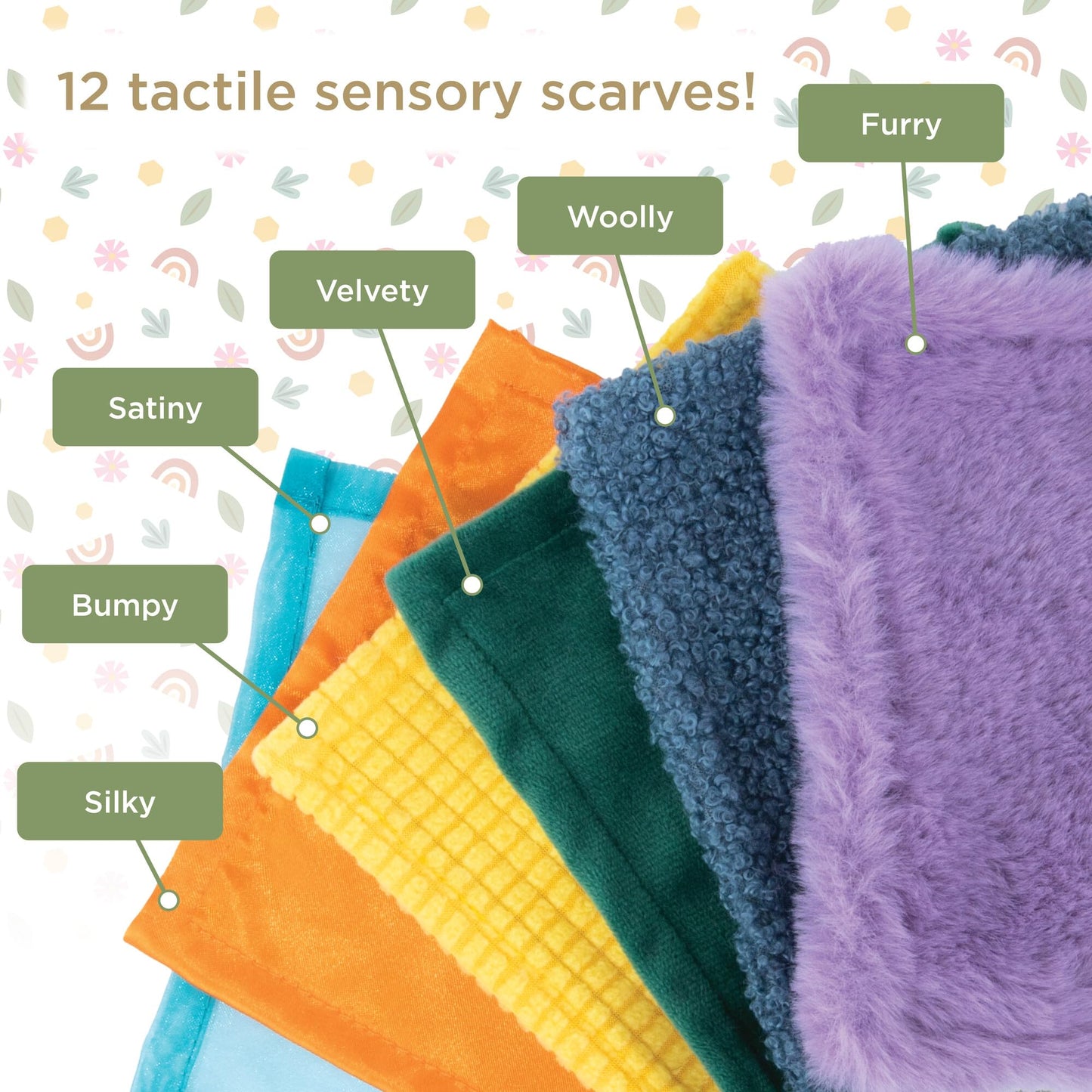 MindWare Sensory Sprouts Tissue Scarf - Montessori Toys for Babies 6-12 Months - Soft Greenhouse-Shaped Tissue Box and 12 Sensory Scarves Featuring Different Textures