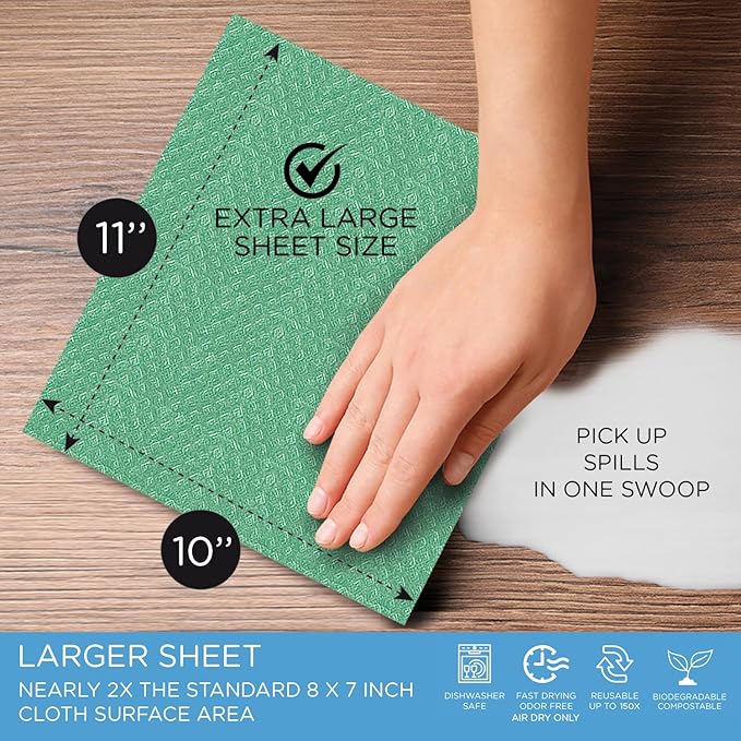 LOLA Wowables XL Swedish Dishcloths, 30 Reusable Eco Cleaning Cloths, 11" x 10", Ultra Absorbent Cellulose Sponge Towel, Compostable, Made in Germany