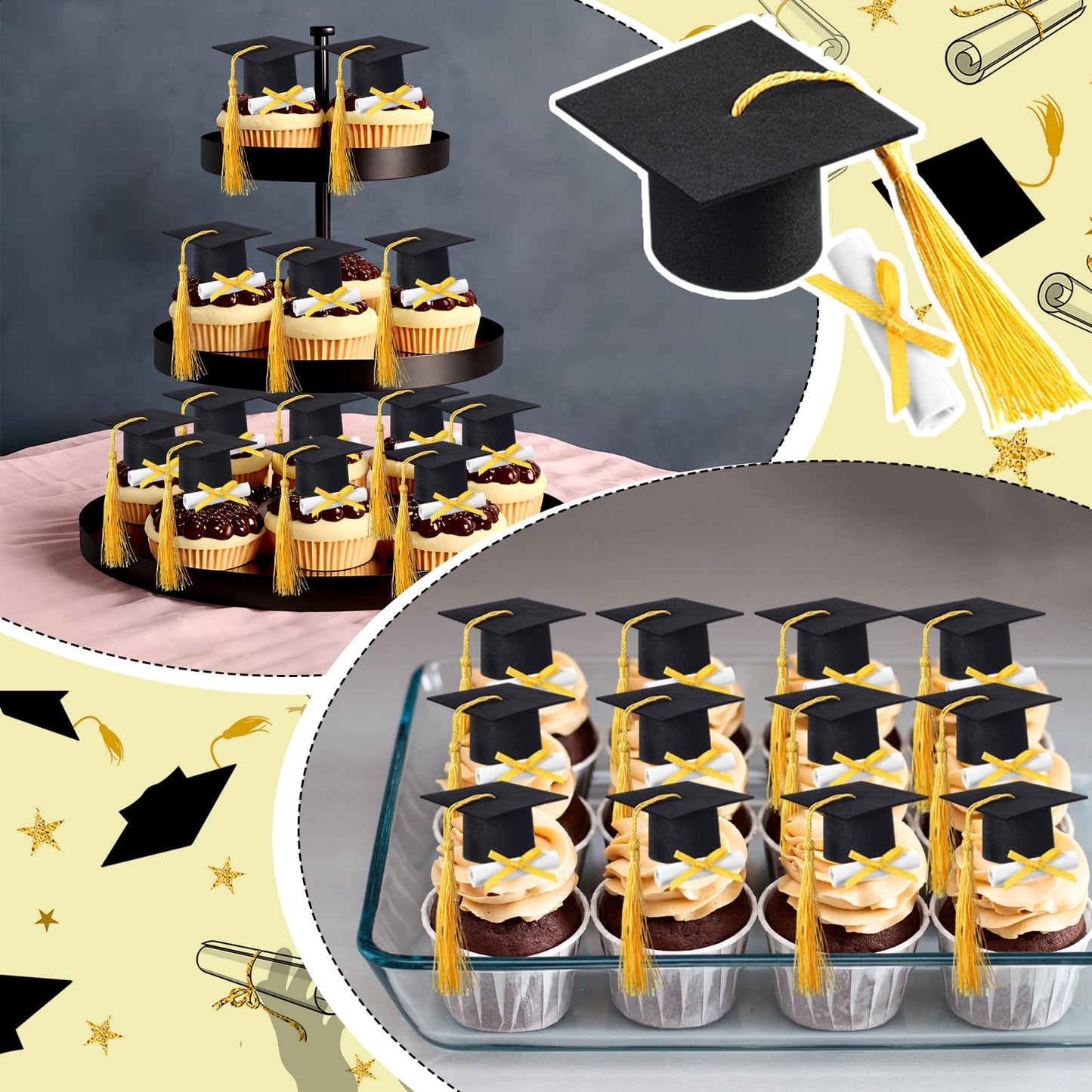 Funtery 36 Pcs Mini Graduation Hats Cupcake Toppers Graduation Scroll Decorations Black Grad Caps with Yellow Tassels Cupcake Toppers Bottle Decor for Graduate Party Supplies