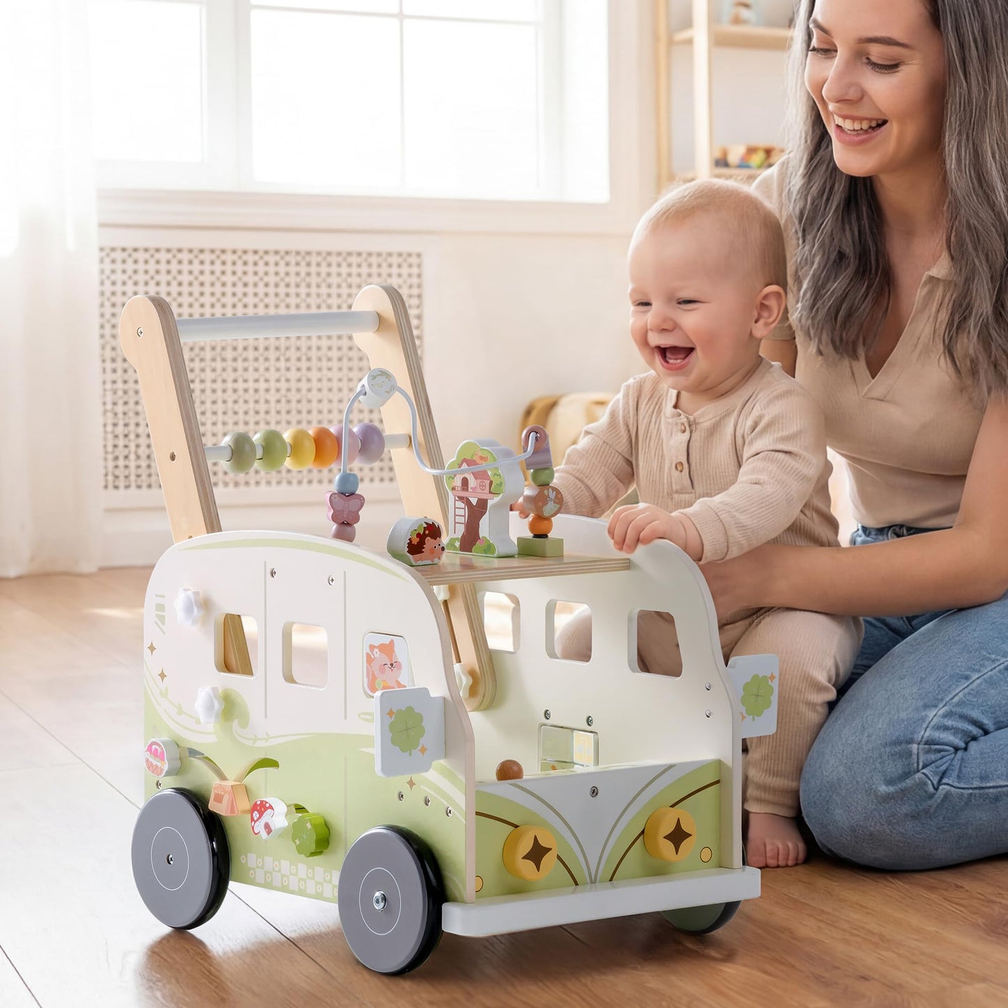ROBOTIME Wooden Baby Walker, Baby Push Walker, Ajustable Speed Multi-Functional Baby Walker with Wheels for Babies Learning to Walk, Sit-to-Stand (Green)