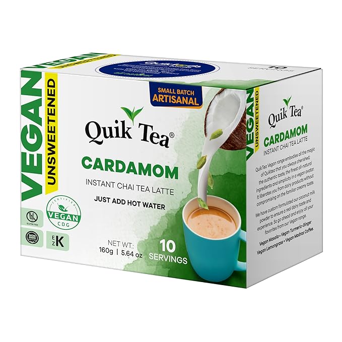 QuikTea Vegan Cardamom Unsweetened Chai Tea Latte – 10 Count, Bold Cardamom Flavor, Naturally Caffeine-Light, no preservatives, No Sugar Added – Just Add Hot Water