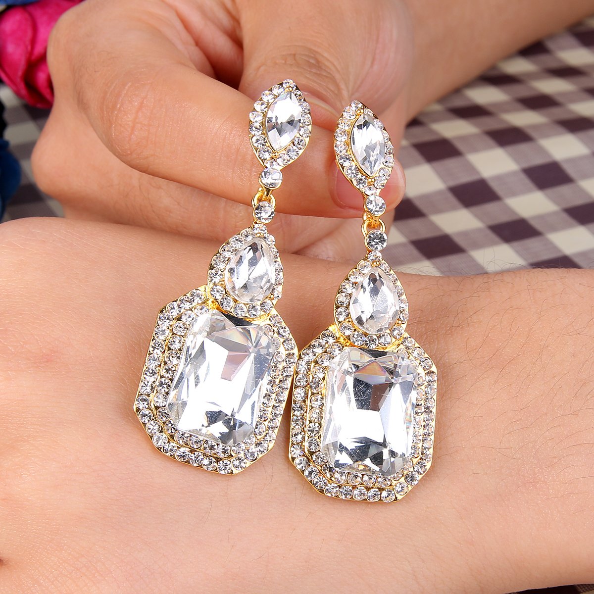 BriLove Dangle Earrings for Women Wedding Bridal Emerald Cut Crystal Infinity Figure 8 Chandelier Jewelry Clear