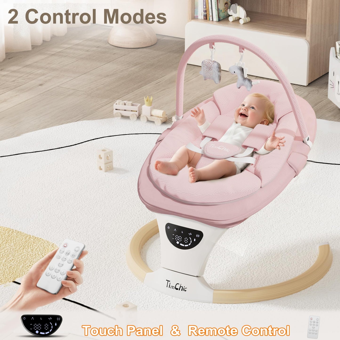 TimChic Baby Swings for Infants, Portable Infant Swing with 5-Speeds, 3-Adjustable Height, 3 Timer & 12 Lullabies, Mutil-Function Electric Swing for Baby, Indoor & Outdoor Use (Pink)