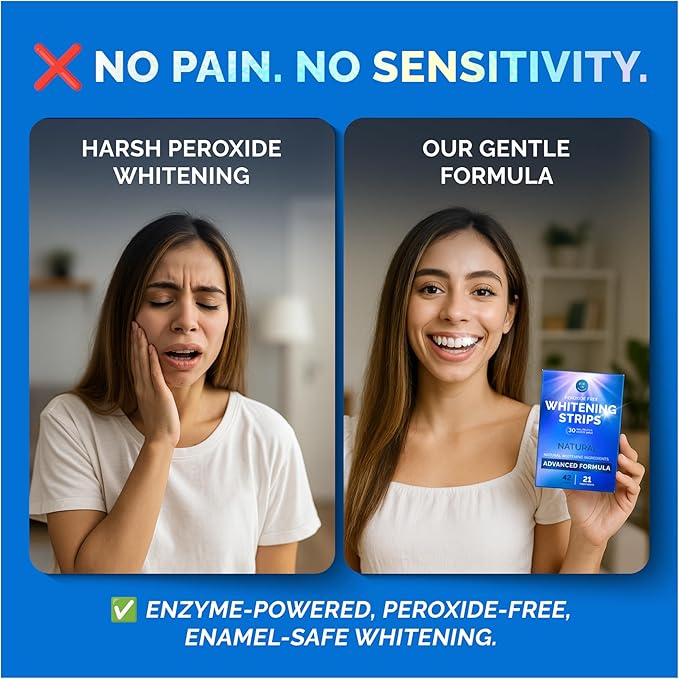 Whitening Strips for Sensitive Teeth 21 Treatments, Mint – Enamel Safe, Peroxide-Free Coconut Teeth Whitening Strips with Natural Enzymes – Gentle White Stips for Sensitive Gums & Daily Oral Care