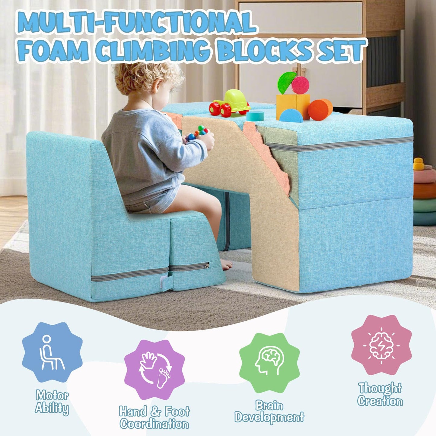 Asweets 4 in 1 Foam Climbing Blocks for Toddlers, Indoor Soft Climb and Crawl Play Climbing Toys for Creativity & Imagination, (Linen-Blue-Pink)