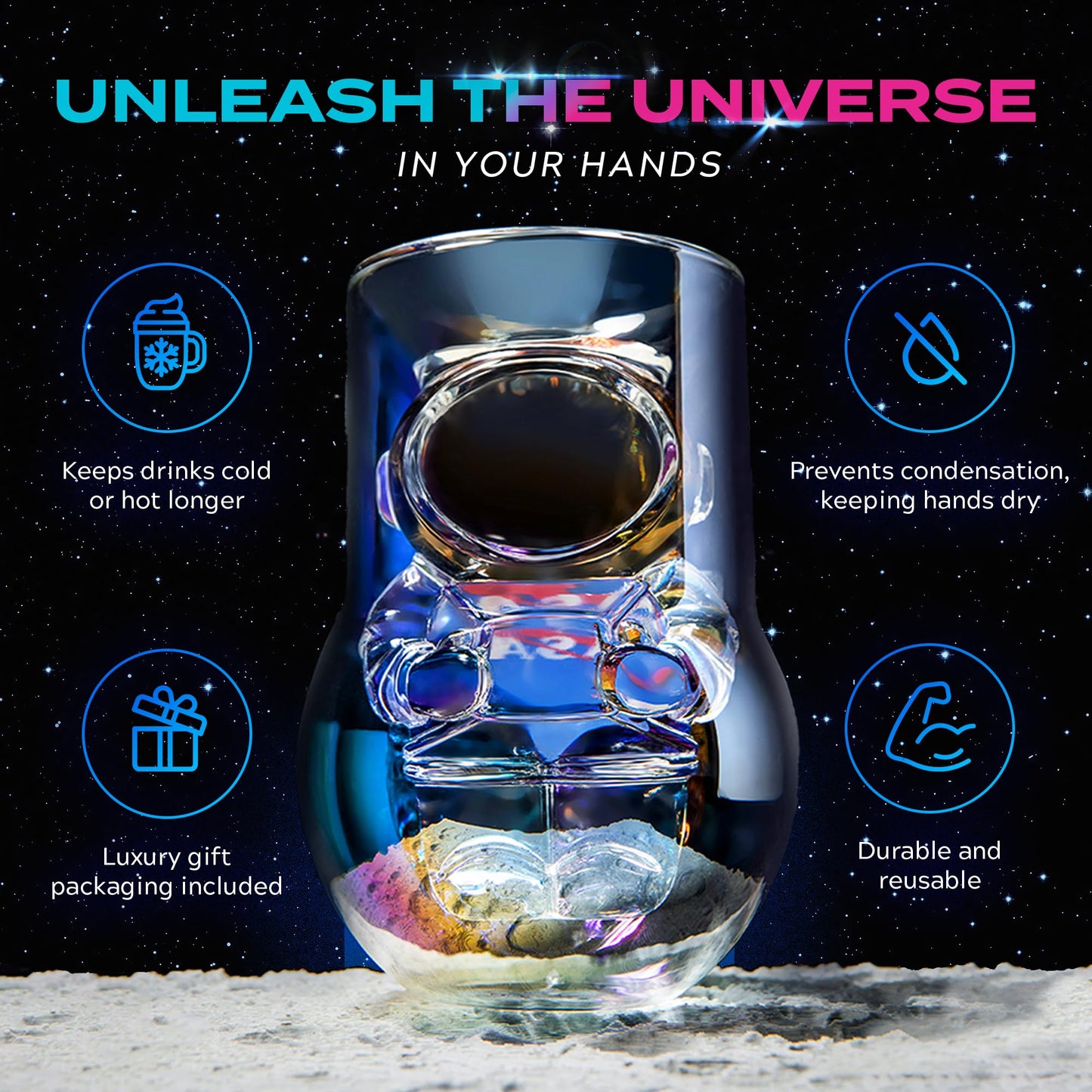 NASA Astronaut Glasses - 7 oz Set of 2 Double Wall Iridescent Drinkware with NASA symbol and Artemis Patch - Unique Glassware for Space Enthusiasts - Keeps Drinks Cold Longer