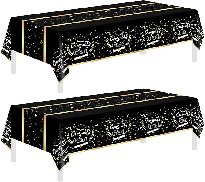 Class of 2026 Black & Gold Graduation Tablecloths, 2 Pack