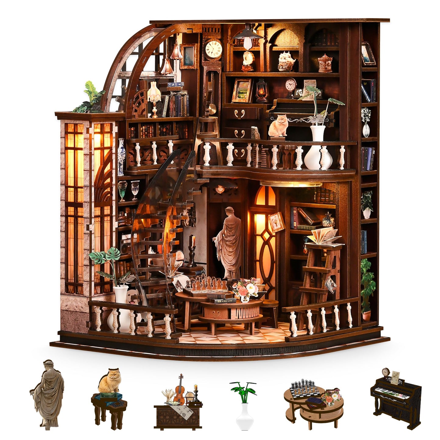 BESSERITE Book Nook Kit for Adults, Basque Study DIY Miniature House Kit, Two-Story Tiny House with Spiral Staircase, 3D Puzzles for Adults, Retro Diorama Bookshelf Decor