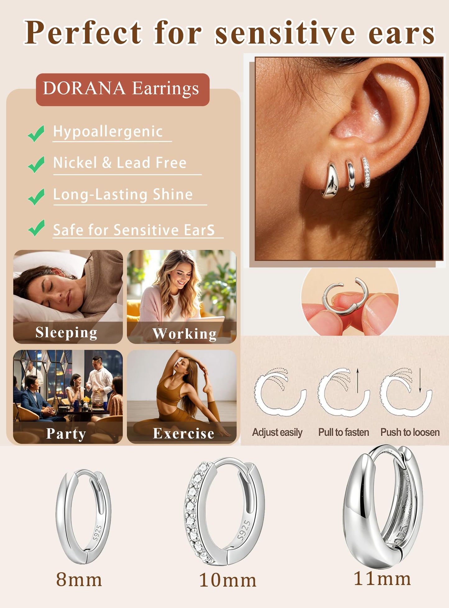 DORANA Sterling Silver Earrings for Women Non Tarnish Small Huggie Earrings 925 Hypoallergenic Cartilage Stackable Sleeper Hoops Silver Stacks Sets for Multiple Piercing,3 Pairs