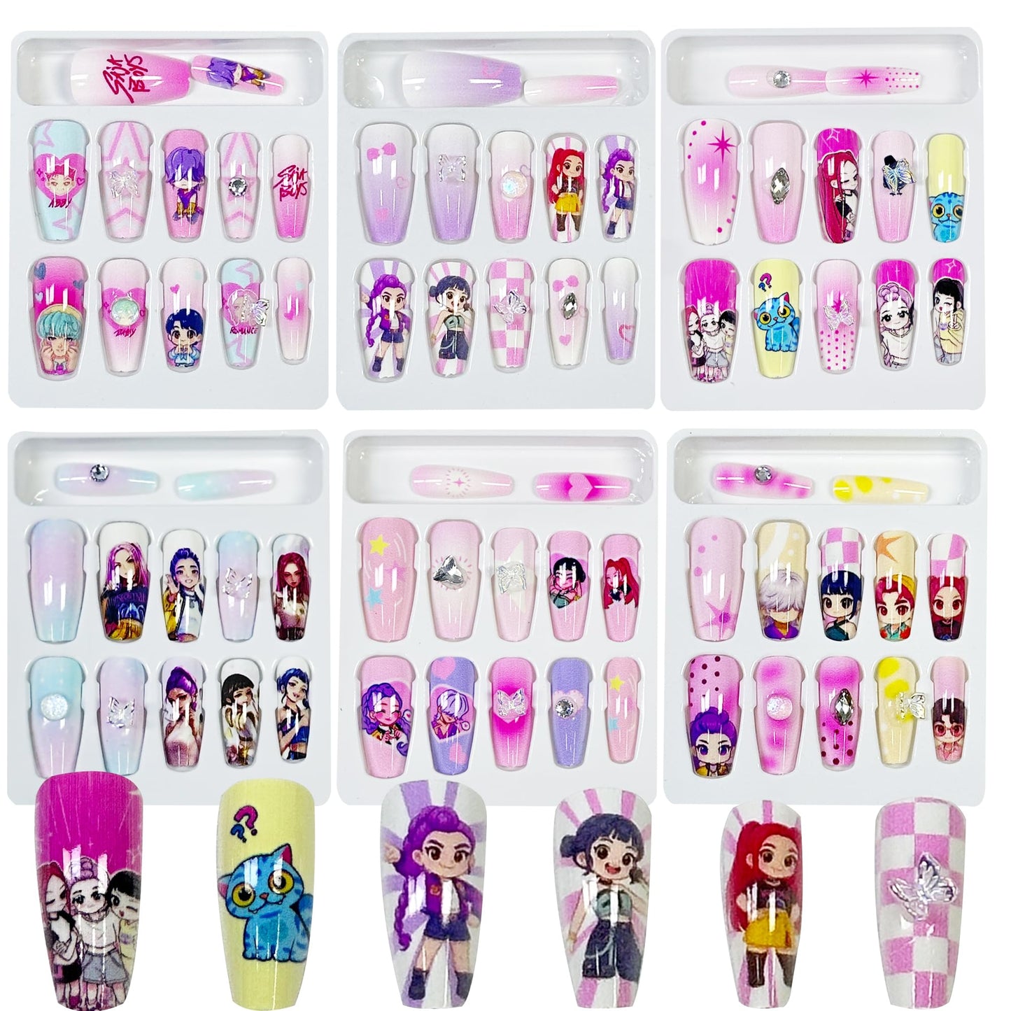 Demon Movie Hunters Nail Stickers 144Pcs - Korean Kpo-p Anime Idol Huntrix Band 3D Self Adhesive Cartoon Temporary Nail Decals - Easy Stick Removeable for DIY Women Girls Kawaii Nail Decoration Art