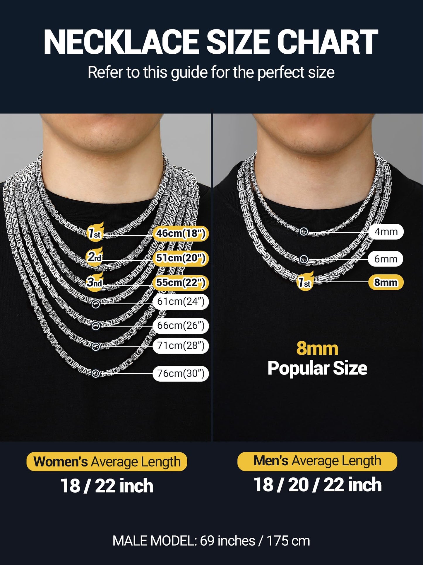 PROSTEEL 8mm Byzantine Chain Necklace For Men 24 Inch Stainless Steel Cool Chains