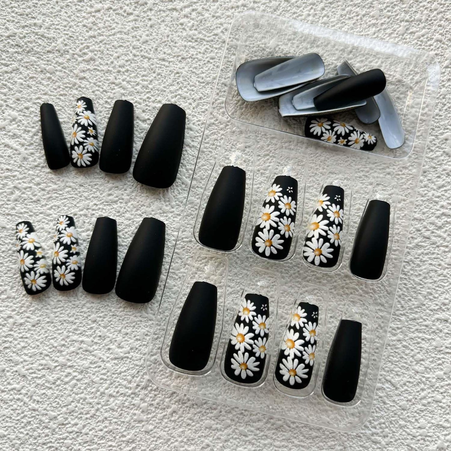 Coffin Press On Nails Medium Fake Nails Black False Nails With Daisy Design Flower Glue On Nails Full Cover Acrylic Artificial Reusable Stick On Nail For Women Manicure Art 24pcs