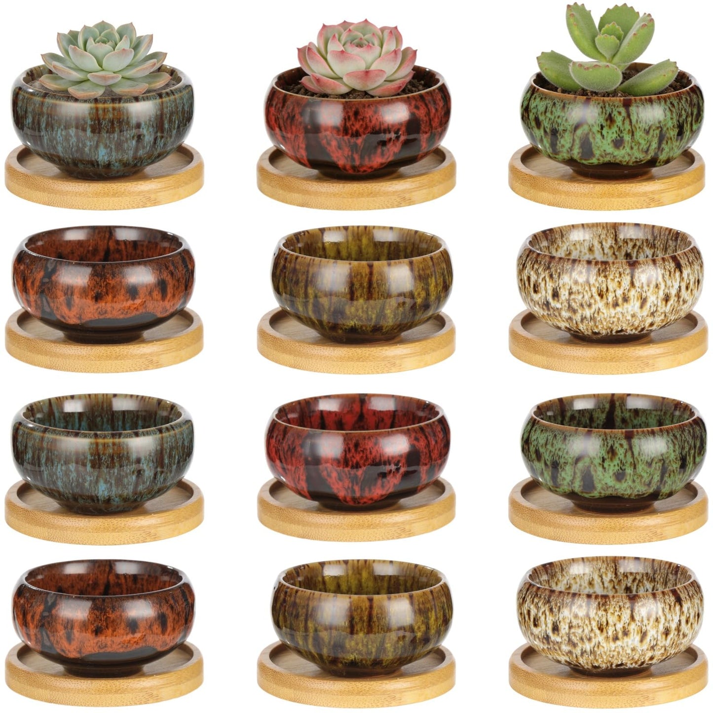 OMISTAR 12 PCS Mini Ceramic Succulent Pots 2.5 in, Colorful Glazed Planters with Drainage Hole, Small Round Flower Pots with Bamboo Trays, Indoor Desktop Windowsill Plant Pot Set