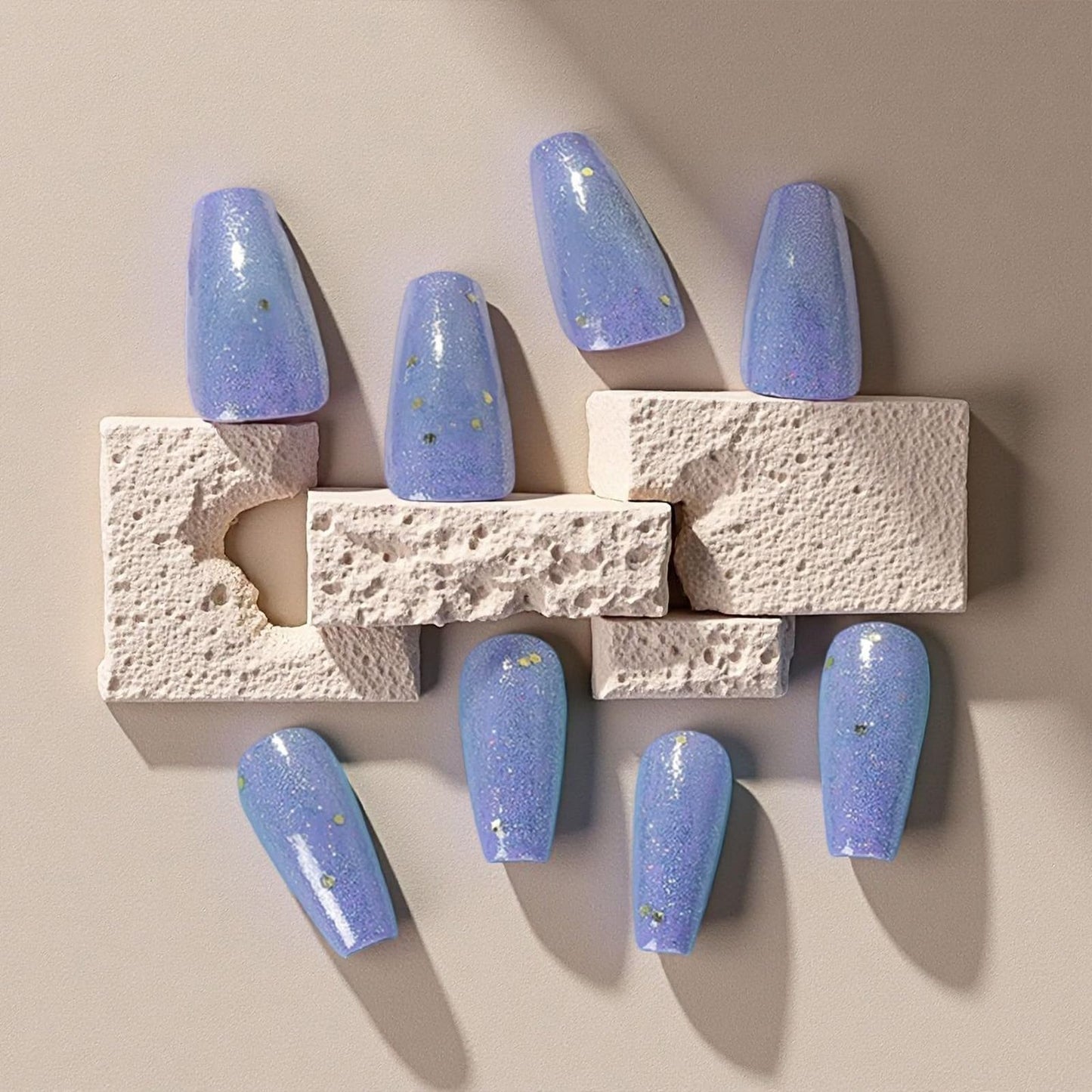 SINHOT Coffin Press on Nails - Medium Fake Nails, Glossy Finish, Blue Bling Glitter, DIY Artificial False Nail Art - 24 Pcs Nail Kit with Glue
