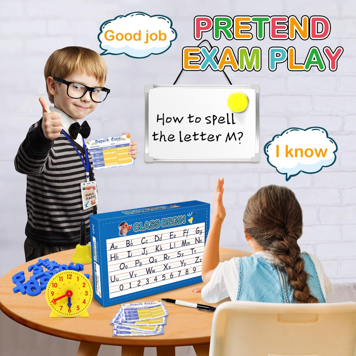 Alritz Pretend Play Teacher Set - Classroom Learning Education Includes Reusable White Board Bell Clock and More, Be Teacher Student, Gift for Boys Girls 5 6 7 8 9 10 11 12 +Years Old