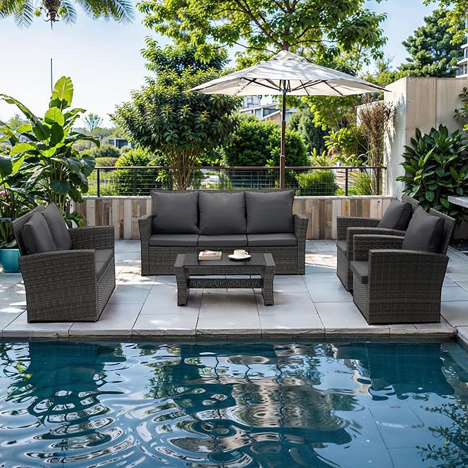 Wisteria Lane 5 Piece Patio Furniture Set, Wicker Outdoor Patio Conversation Furniture Set, All Weather Outdoor Patio Sofa with Cushion and Glass Table, Dark Grey