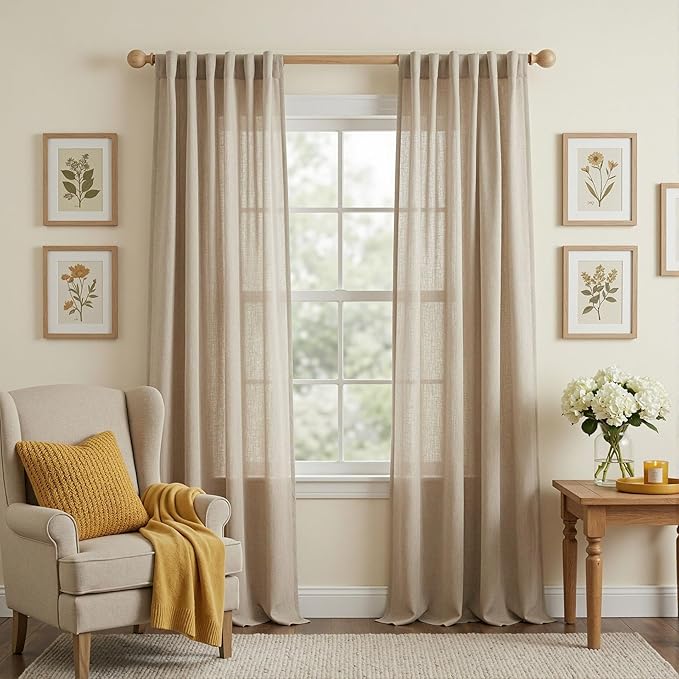 MYSKY HOME Taupe Curtains 96 Inches Long for Living Room Sliding Glass Door Semi Sheer Drapes Light Filtering Window Treatments Soft Farmhouse Style Privacy Protect Back Tab, 50" x 96", 2 Panels