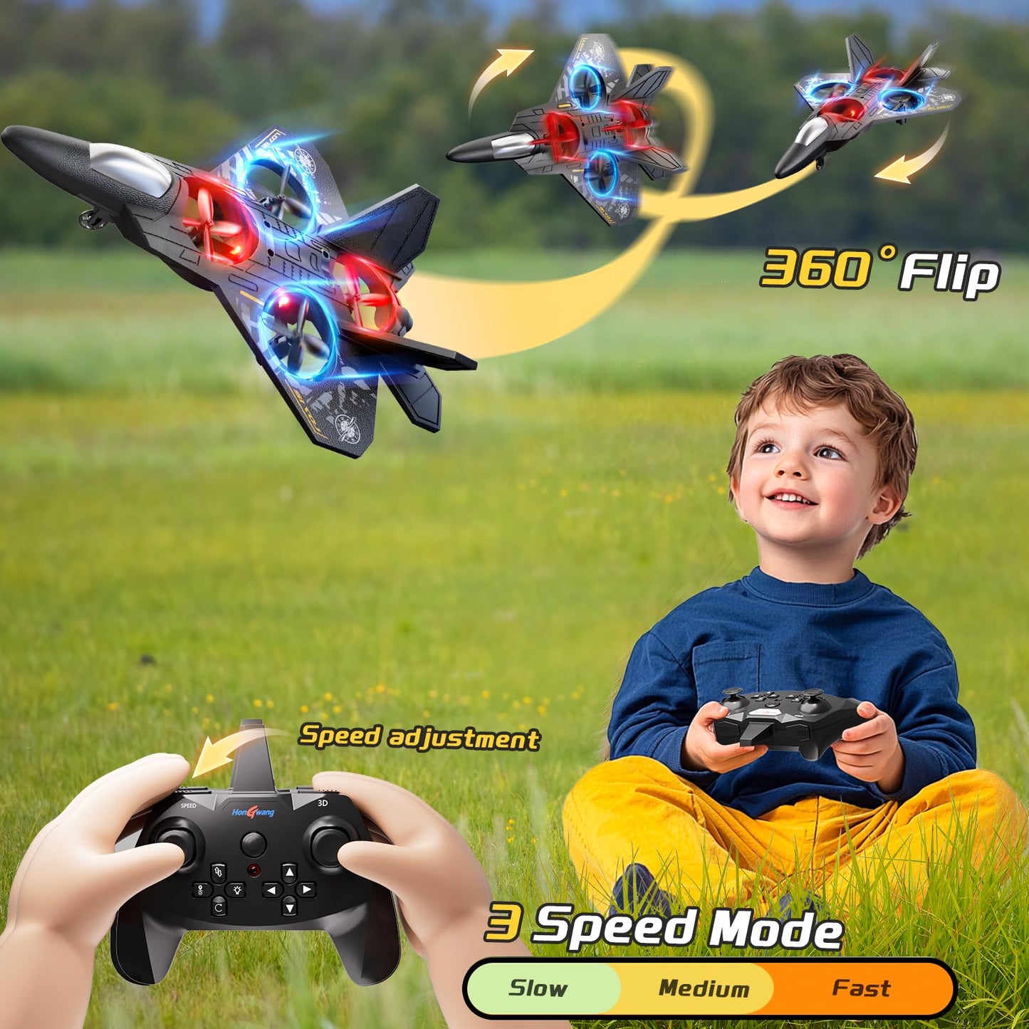 WATUDOU Foam Remote Control Airplane Drone for Kids Ages 8-12, Remote Control Jet with Lights, 360° Flips, Auto Hover, Headless Mode, One-Key Take Off & Landing, Outdoor Flying Toy Gift for Boys
