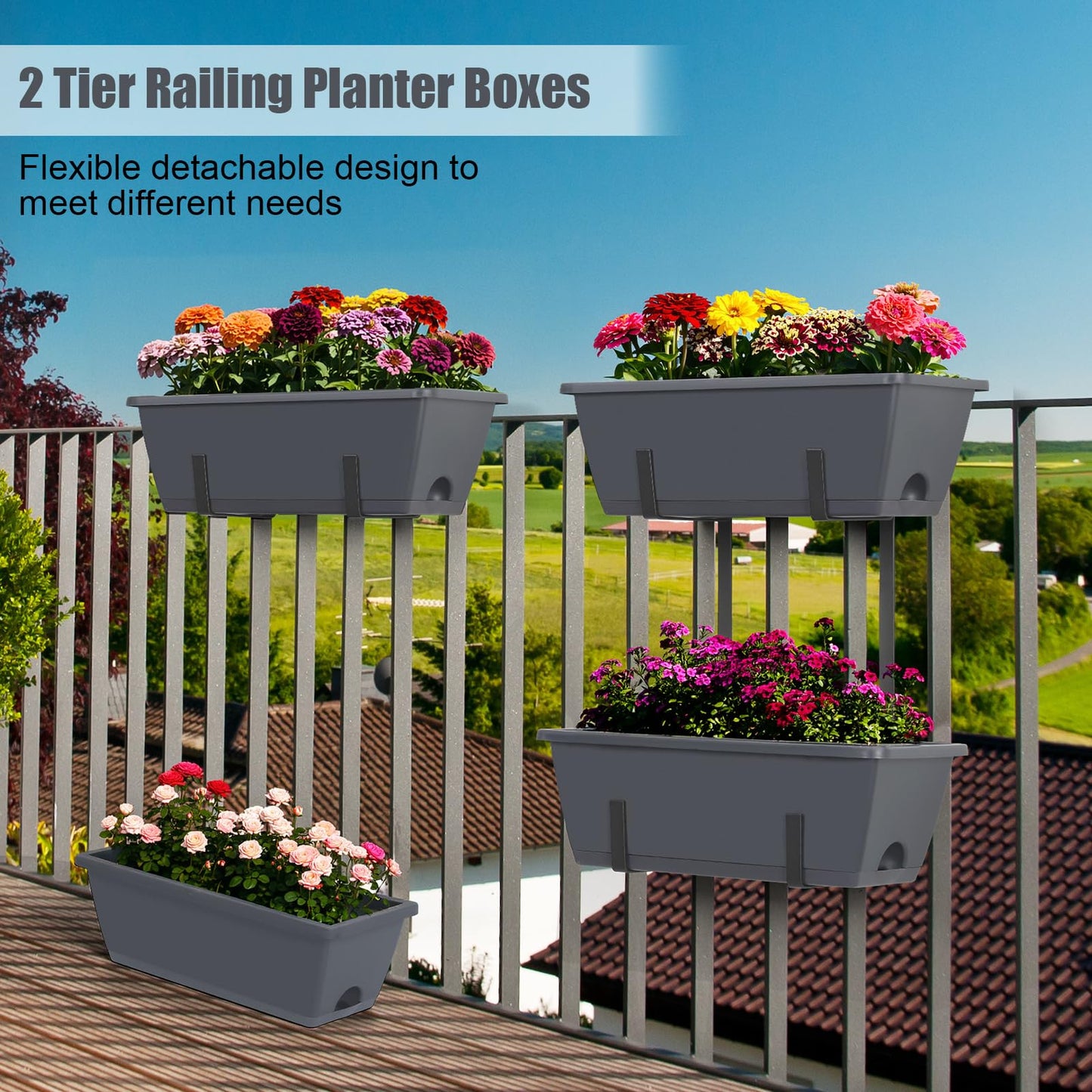 Deck Railing Planter Boxes 2 Tier Grey Window Boxes Planters Set of 2 with 4 Pack Rectangular Planter 16.9 Inch Outdoor Balcony Hanging Planters with Adjustable Brackets for Garden Porch Patio