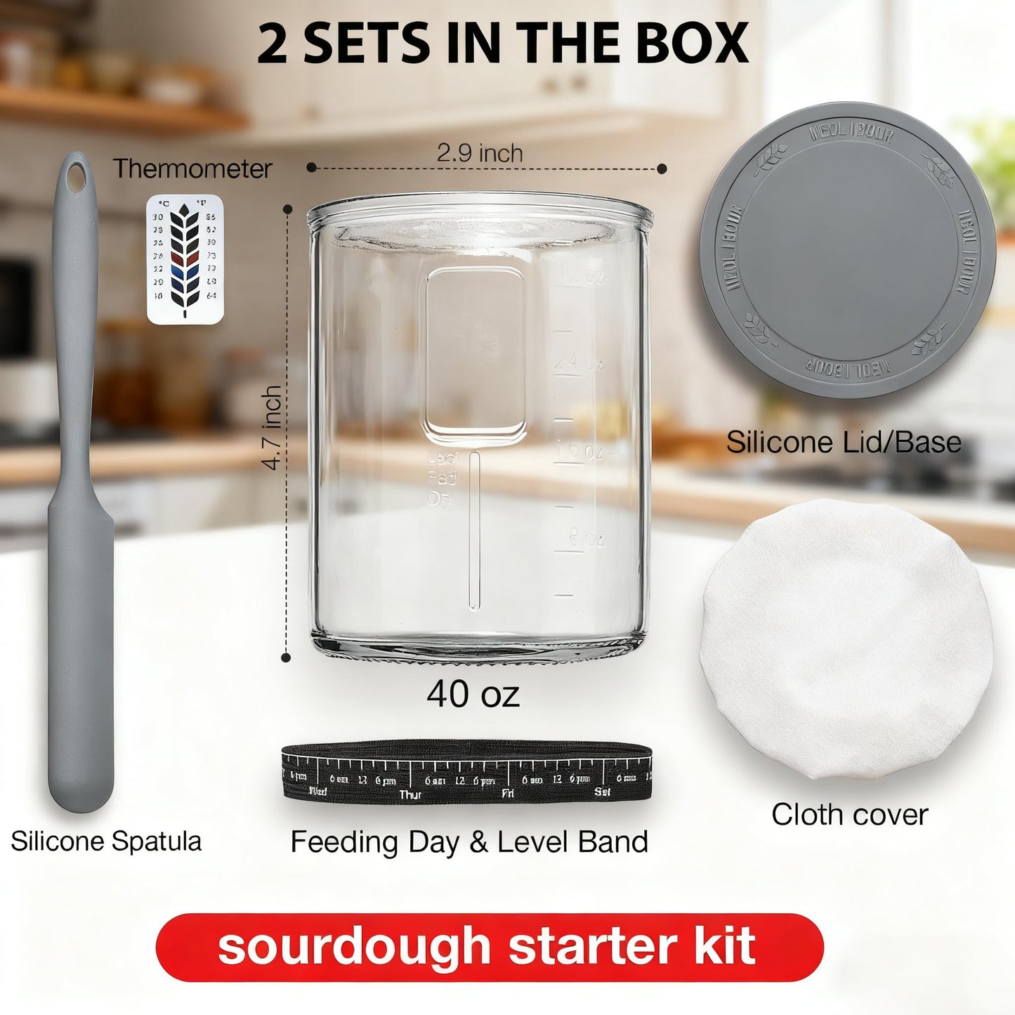 2 Pack Premium Pro Sourdough Starter Jar Kit - 40oz Large Wide Mouth Sourdough Bread Jar with Marked Feeding Band, Thermometer, Scraper, Cloth Cover & Silicone Lid/Base, Glass Container, Baking Supply
