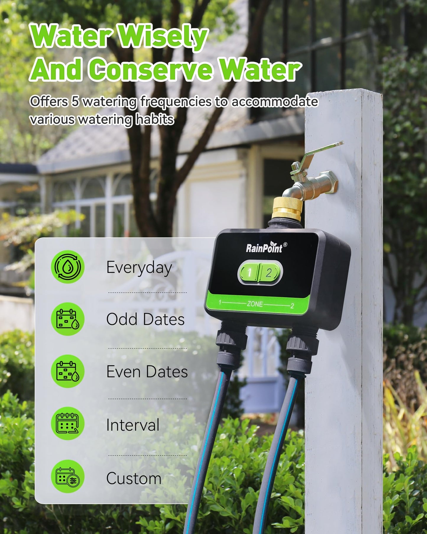 RainPoint WiFi Water Timer for Garden Hose with Brass Inlet, 2-Zone Smart Sprinkler Hose Timer, WiFi Irrigation Controller, Automatic Watering System for Lawns and Yard