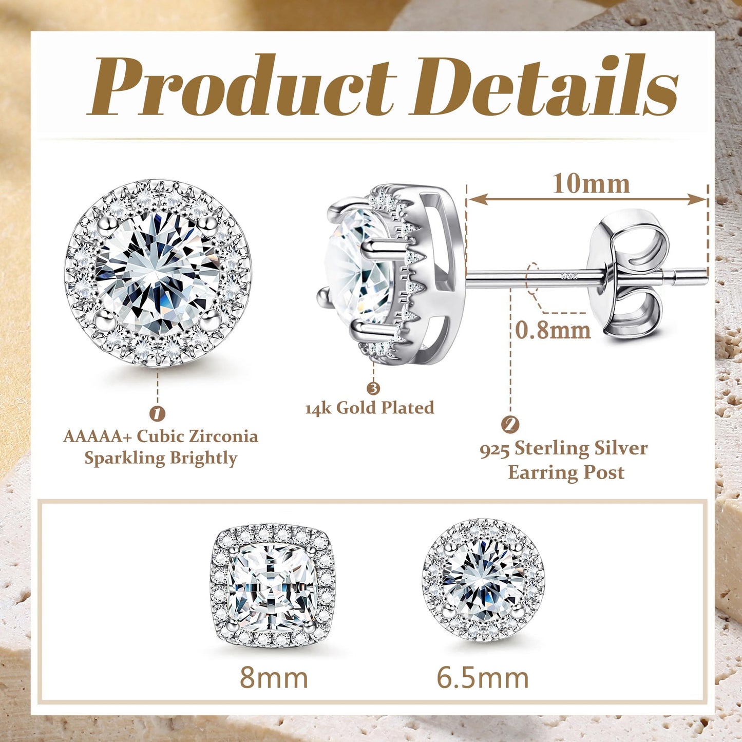Hayoso Cubic Zirconia Stud Earrings for Women Men Sterling Silver Earring Post Hypoallergenic 14k Gold Plated Round&Square Earrings Silver1