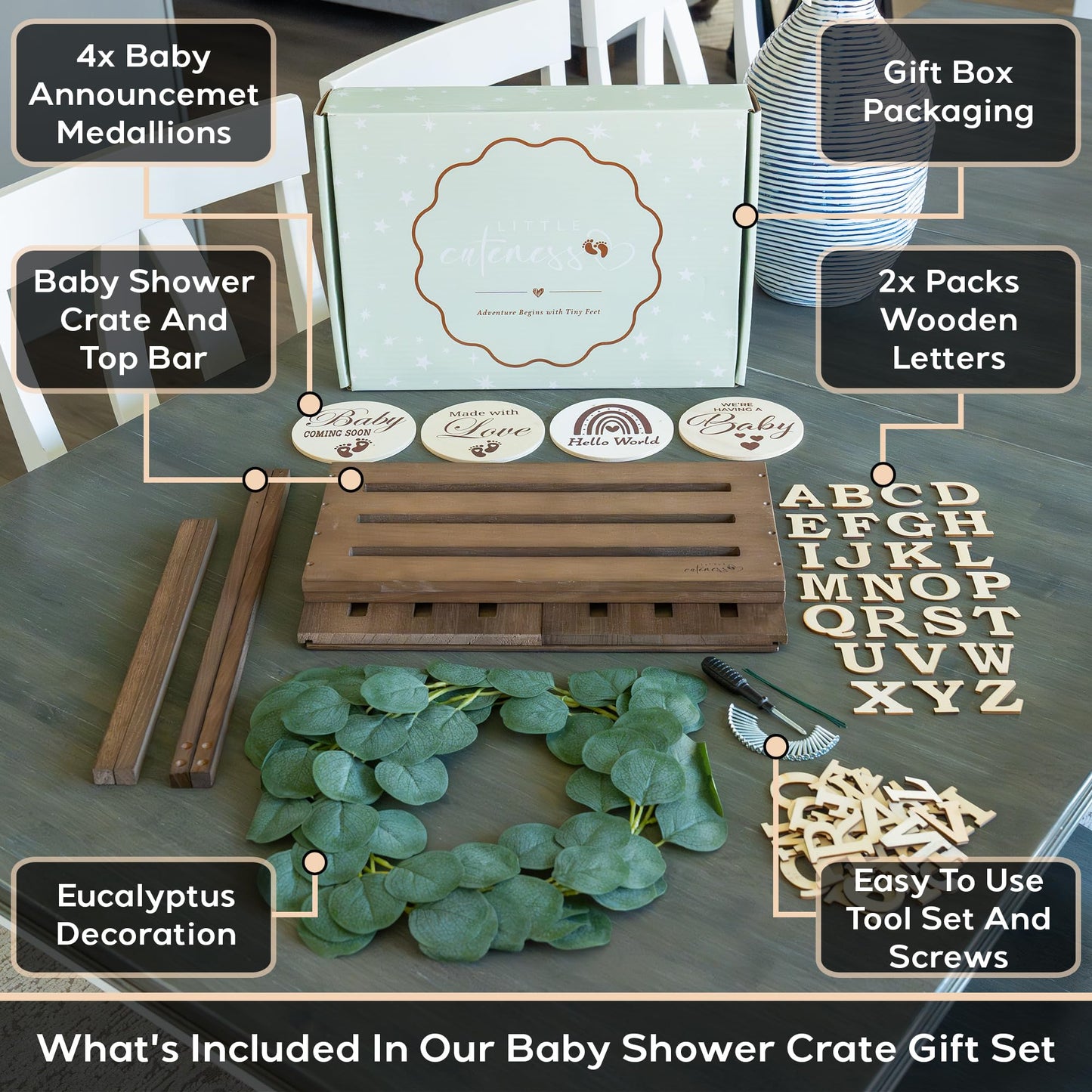 Little Cuteness Wooden Baby Shower Crate Closet - Rustic Brown, Personalized Baby Gift Basket with Dual Rod System, Easy Assembly, 16"L x 11.8"W x 8"H