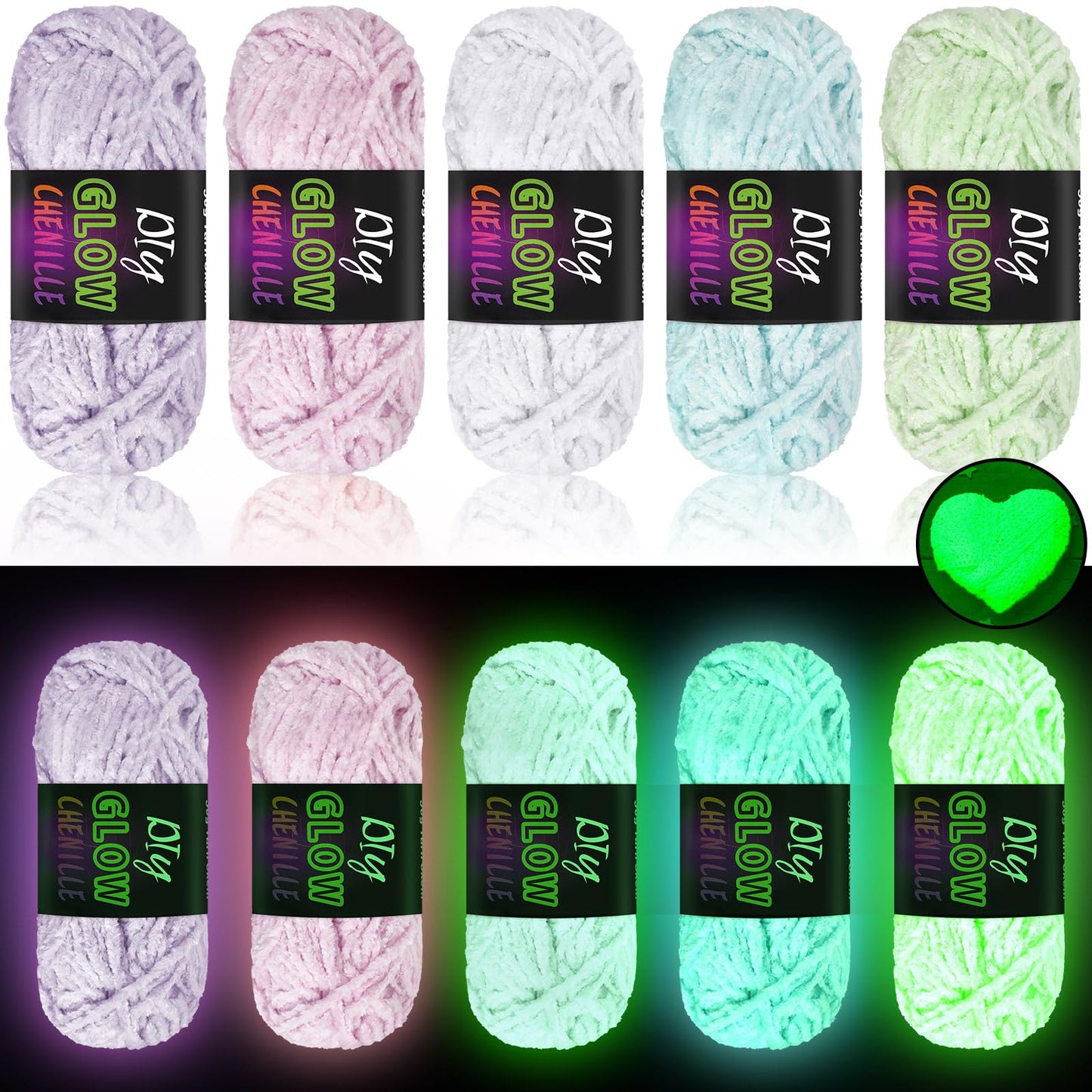 Fanfanwin 5 Rolls Glow in the Dark Yarn Fluffy Chenille Yarn for Crocheting & Knitting Glow Sewing Projects Fun Birthday DIY Gifts for Beginners Women 382 Yd/ 350 M Total(Fresh Colors)
