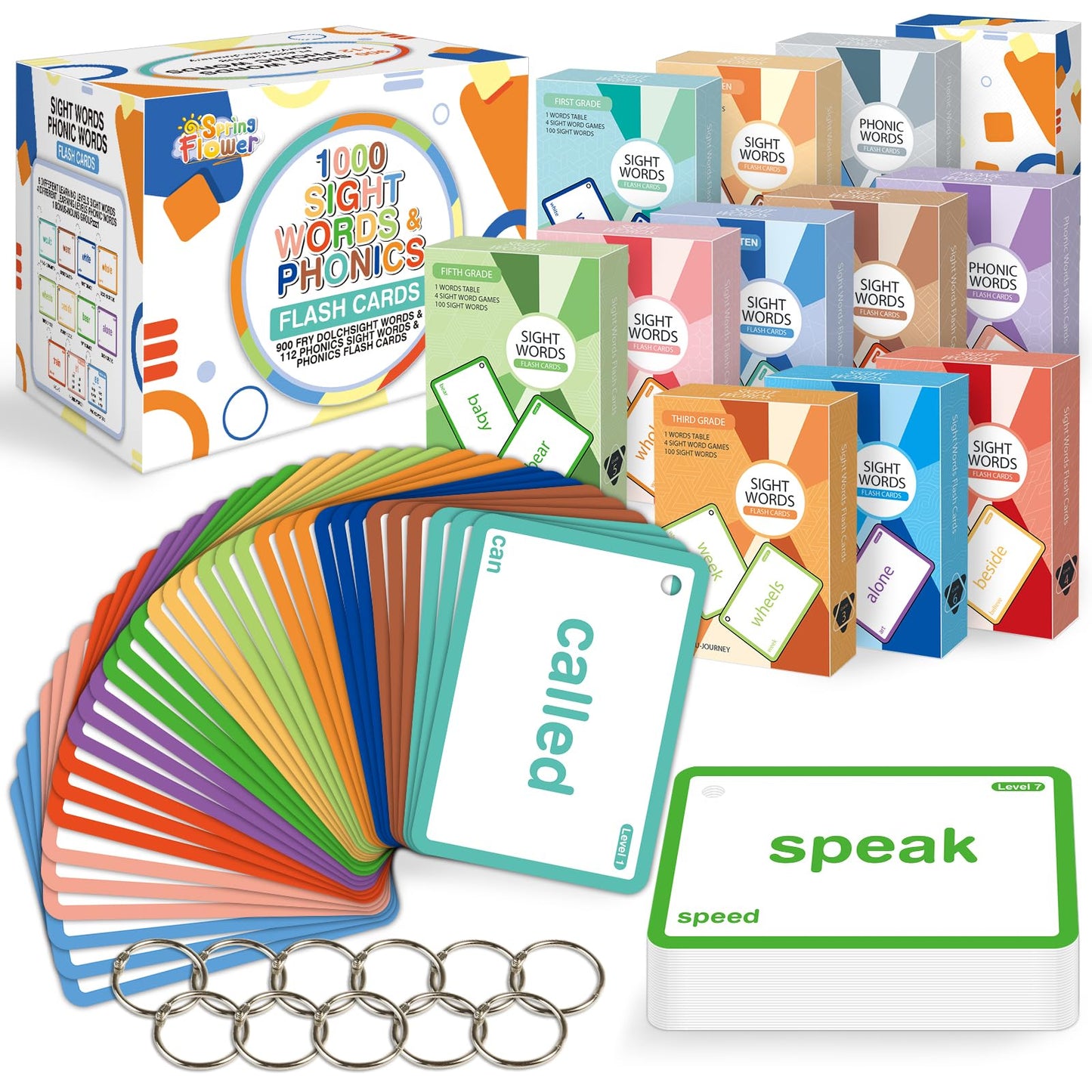 Springflower 1012 Sight Words Flash Card,900 Dolch & Fry High Frequency Sight Word,112 Phonic Flash Cards for Kindergarten Homeschool Supplies Games for Kids Pre-K, Kindergarten, 1st, 2nd, 3rd Grade
