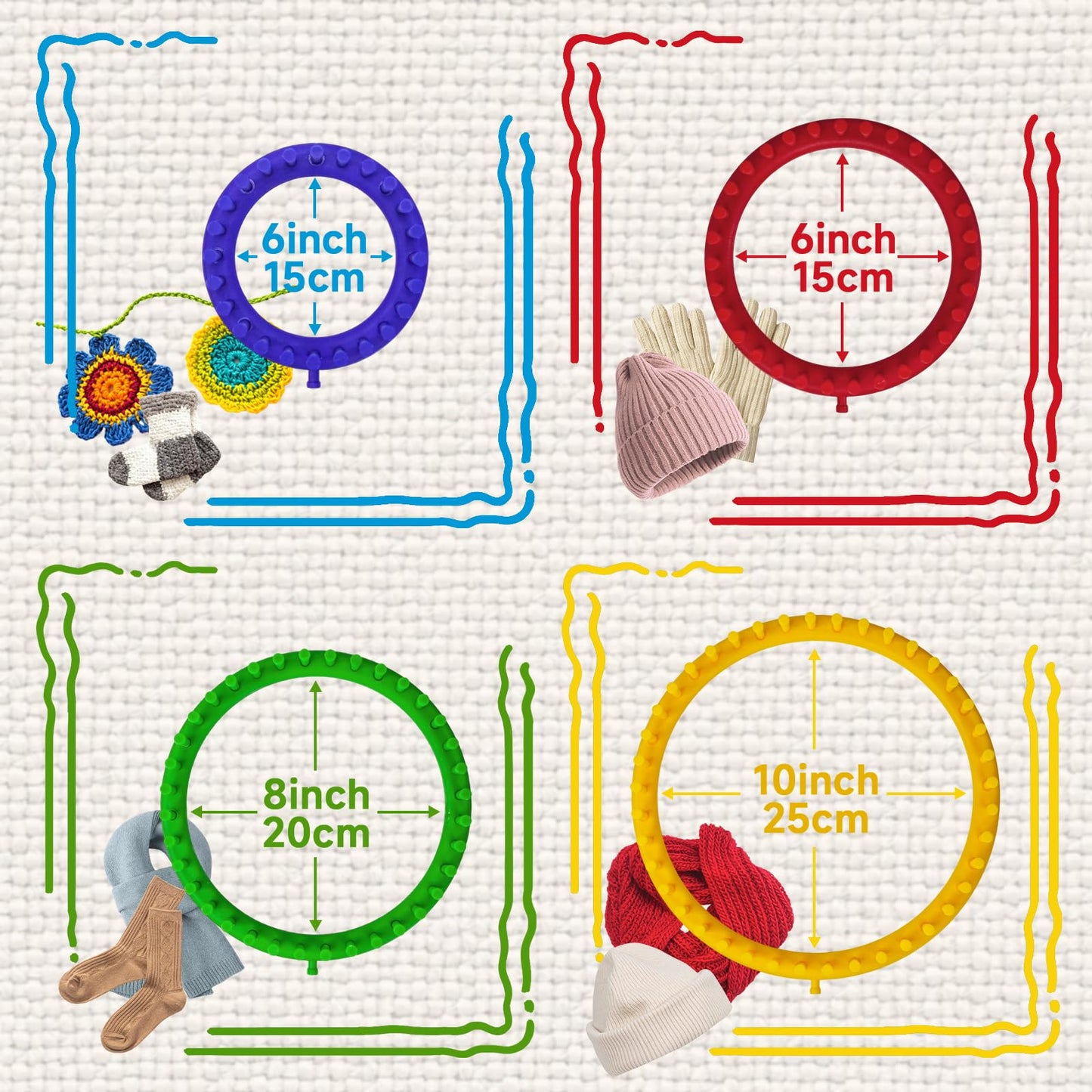 Cesilili Knitting Loom Kit with Pompom Maker Round Knitting Loom for Beginner 4 Sizes (4/6/8/10 Inches) Needle Set DIY Tool for Hats Scarves Handcrafts