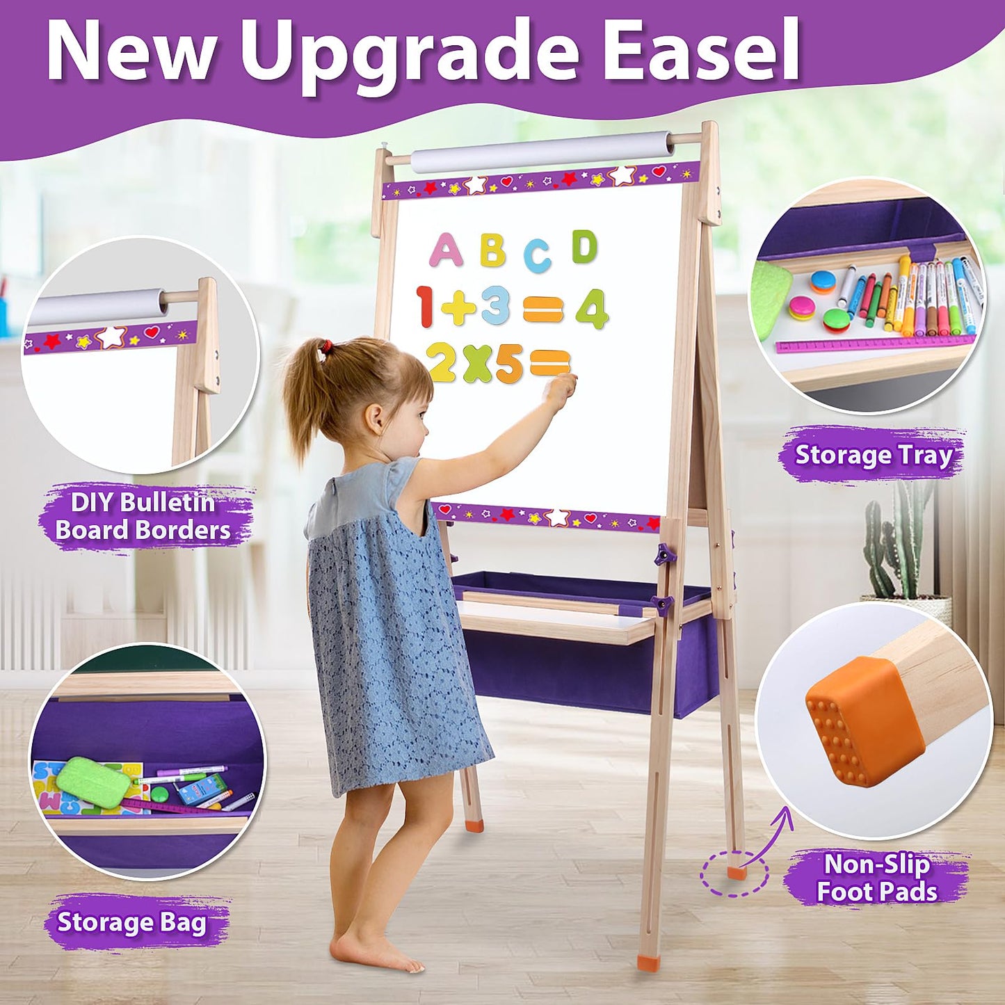 Vinlon Art Easel for Kids Ages 4-8, Premium Whiteboard & Chalkboard with 3 Paper Roll, Adjustable Double-Sided Easel Stand, Easter Gift Easter Basket Stuffers for Kids Ages 4 5 6 7 8