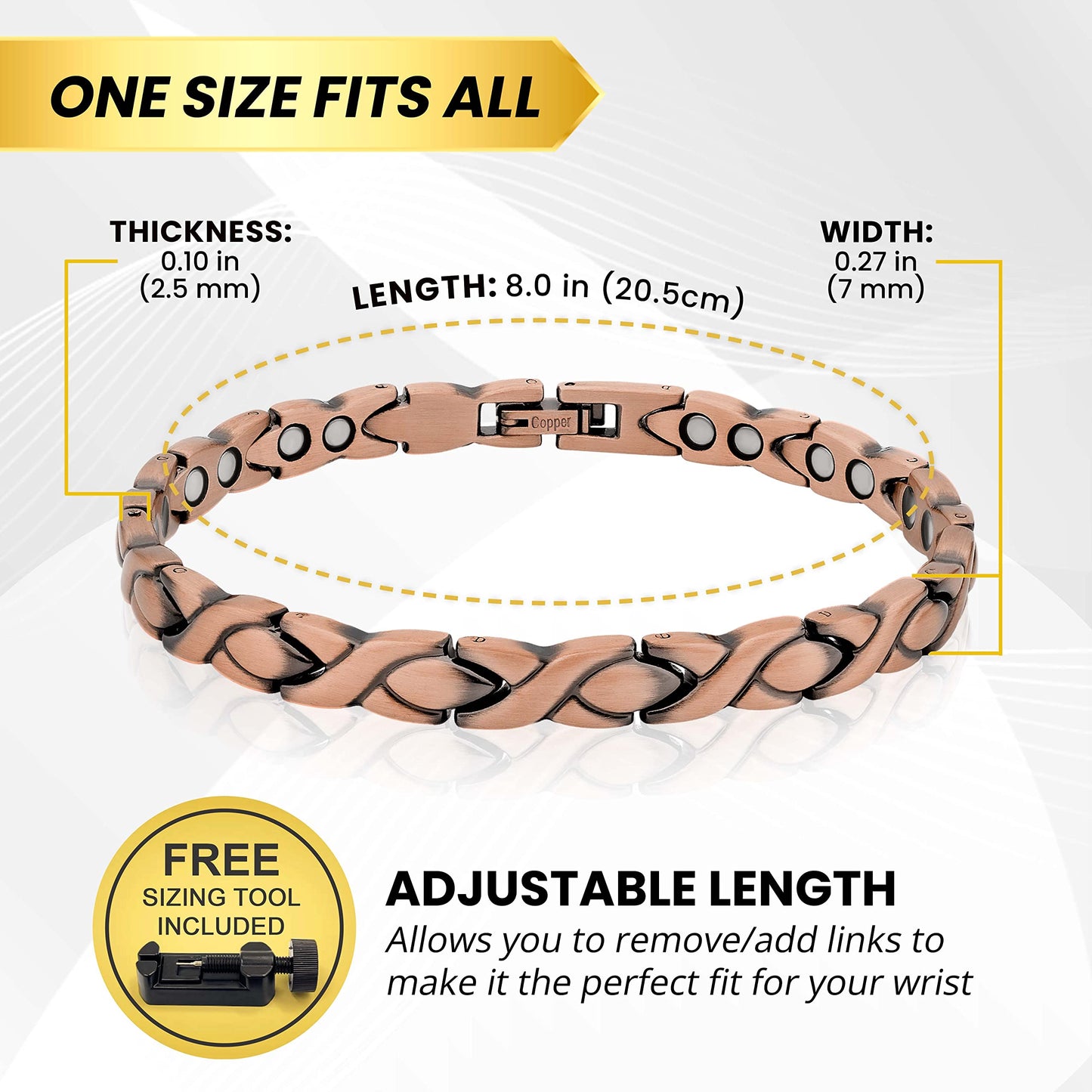 MagnetRX® Women's Pure Copper Magnetic Bracelet – Effective Ultra Strength Magnetic Copper Bracelets for Women – Adjustable Bracelet Length with Included Sizing Tool (XO Style)