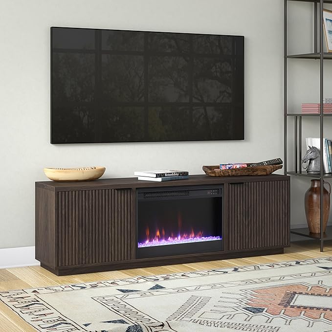 Henn&Hart Rectangular TV Stand with 26" Crystal Fireplace for TV's up to 78" in Alder Brown, for Home, Living Room, Bedroom, Entertainment Room, Office