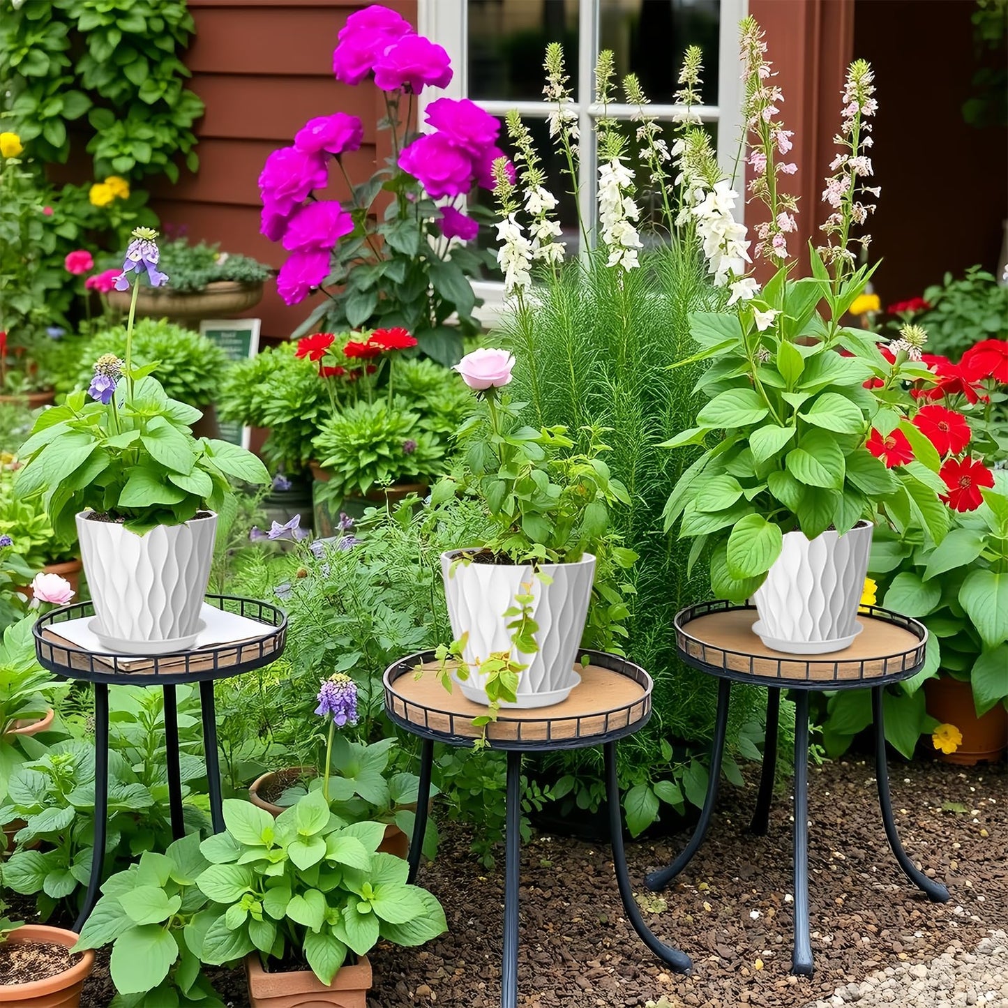 zople 10 Pack 5 Inch Plant Pots with Drainage and Saucers, White Plastic Flower Pots for Indoor and Outdoor Plants, Stackable Nursery Planters for Houseplants and Herbs, White