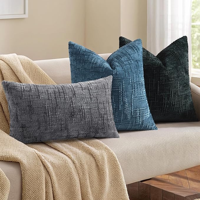 decorUhome Black Chenille Throw Pillow Covers 24x24 Set of 2 Thick Textured Slubby Couch Pillow Covers Farmhouse Accent Modern Neutral Decorative Pillow Cases for Bed Sofa Living Room