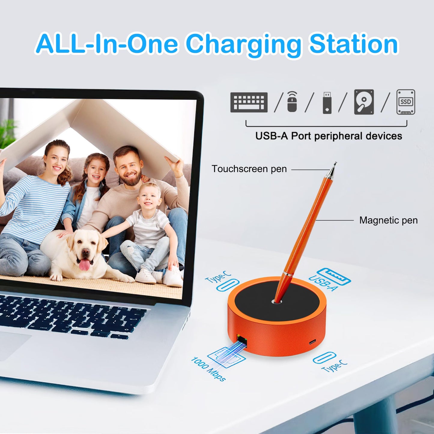 RERBO Magnetic Levitating Pen with Docking, Multifunctional Hover Pen with 1000Mbps Ethernet, 100W Fast Charging, USB 3.0, Standing and Swing Freely Tech Toys for Christmas Gift
