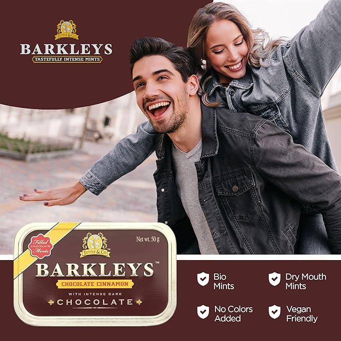 Barkleys Gourmet Chocolate & Cinnamon Breath Mints - Strong Chocolate Cinnamon Flavor for Party, After Dinner, Wedding, Every Day Use-Vegan Mints In Reusable Classic Travel Tins, 6 Pack - 50 Count Each